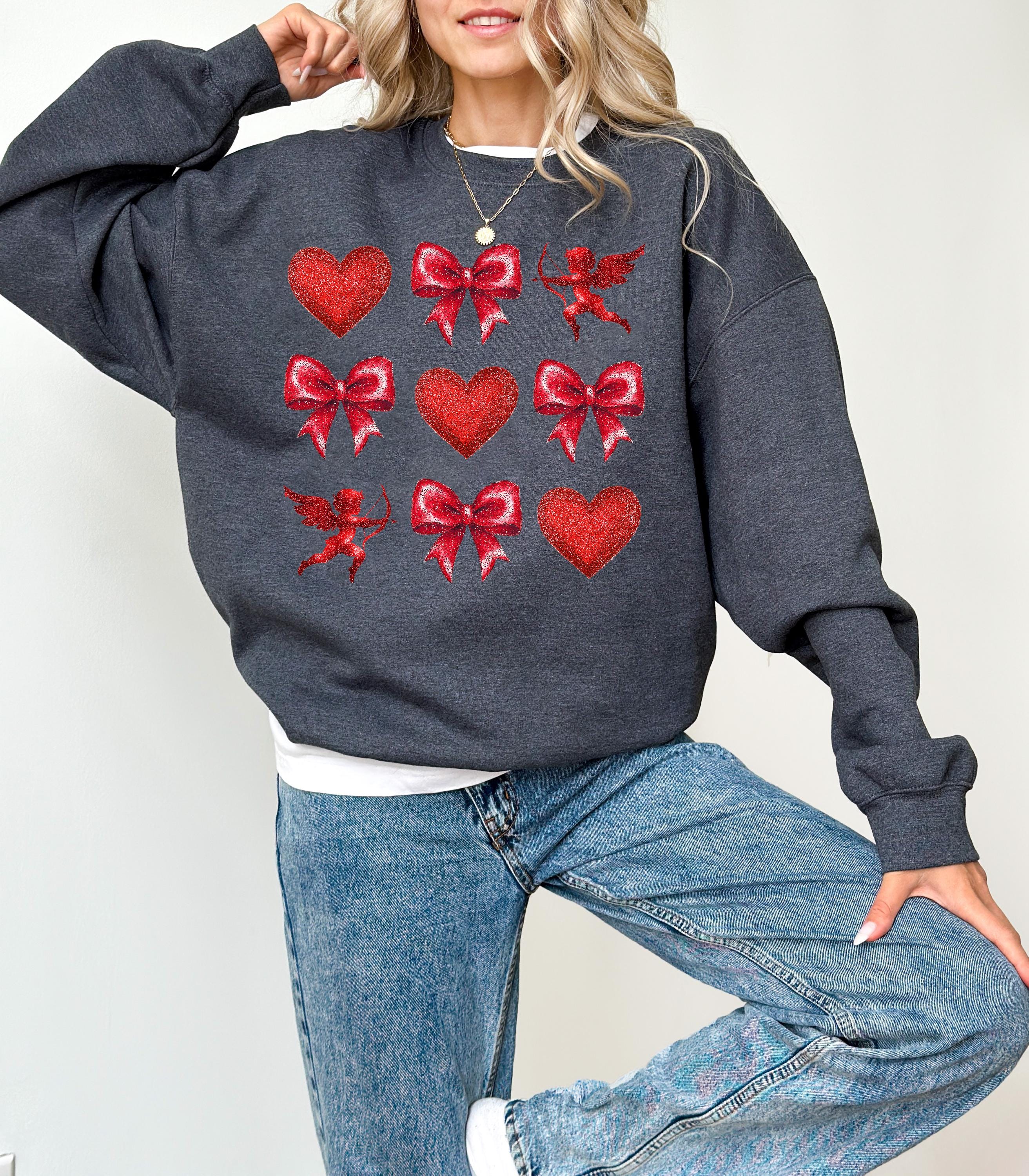 Baby Cupid Valentine's Day Crewneck, Retro Red Hearts Valentines Sweatshirt, Valentines Day TShirt, Galentine's Day Red Bows Pullover,