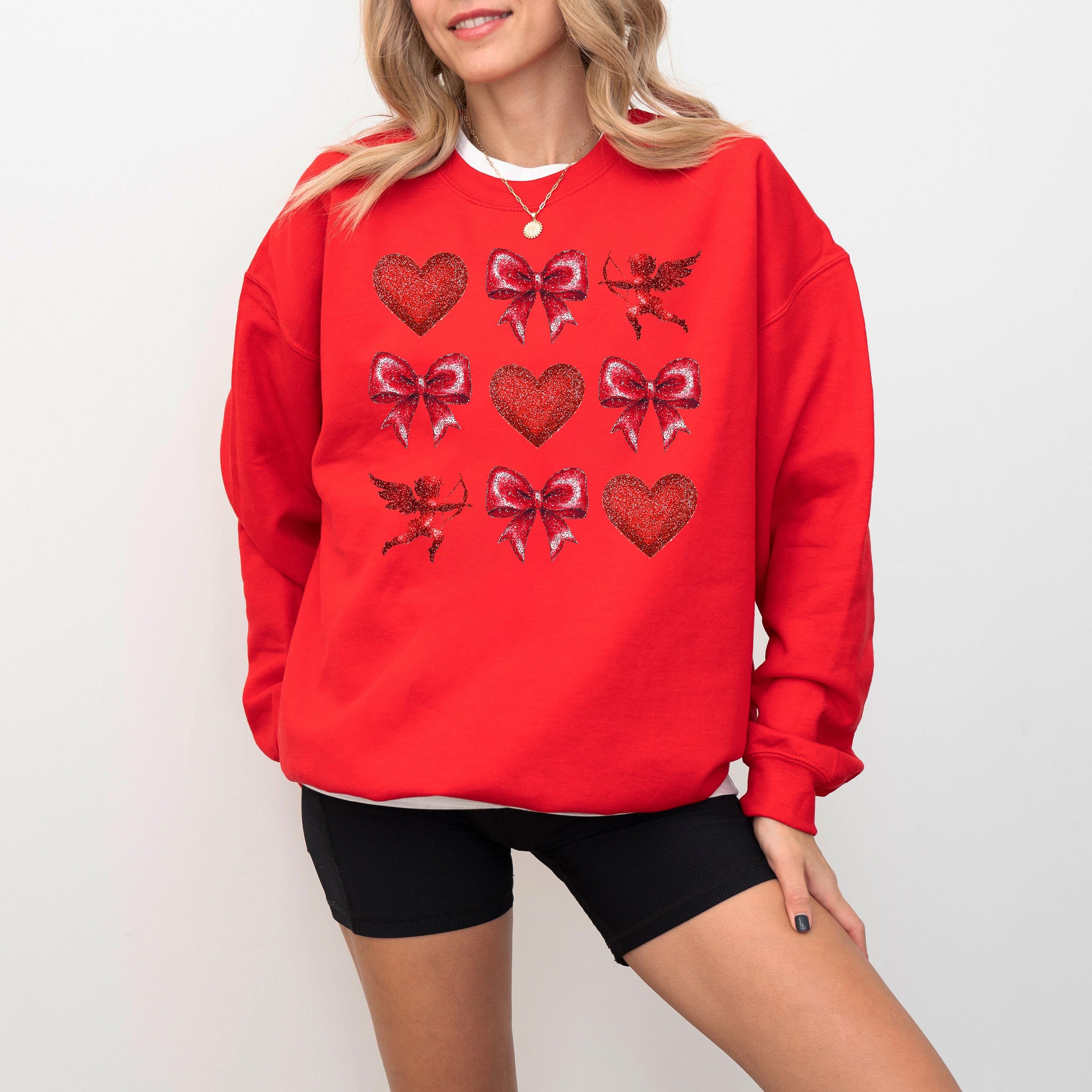Baby Cupid Valentine's Day Crewneck, Retro Red Hearts Valentines Sweatshirt, Valentines Day TShirt, Galentine's Day Red Bows Pullover,