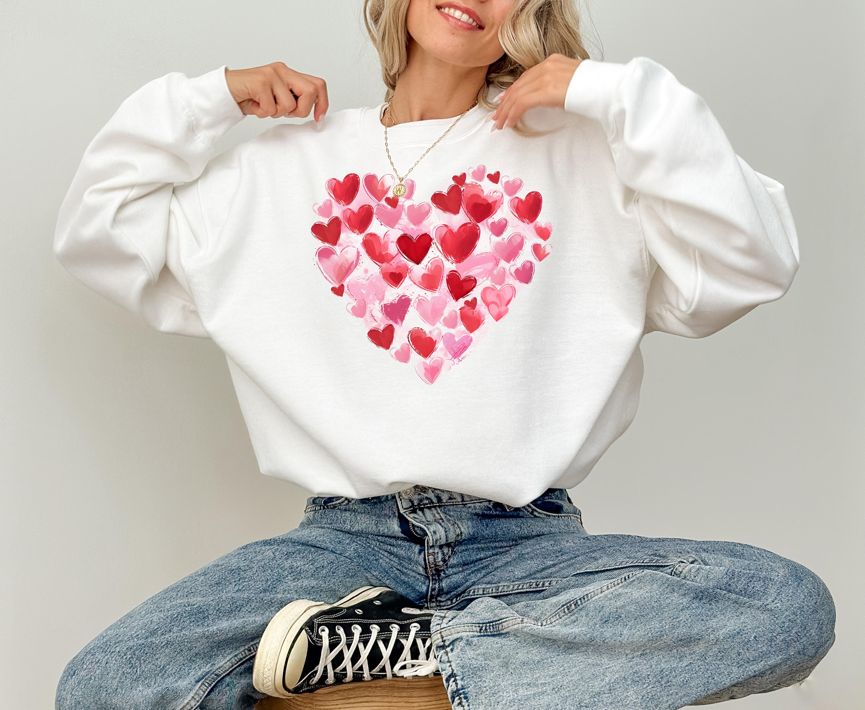 Cute Pink and Red Hearts Valentine's Day Crewneck, Retro Valentines Sweatshirt, Valentine"s Day TShirt, Galentine's Day Pullover, XOXO Love