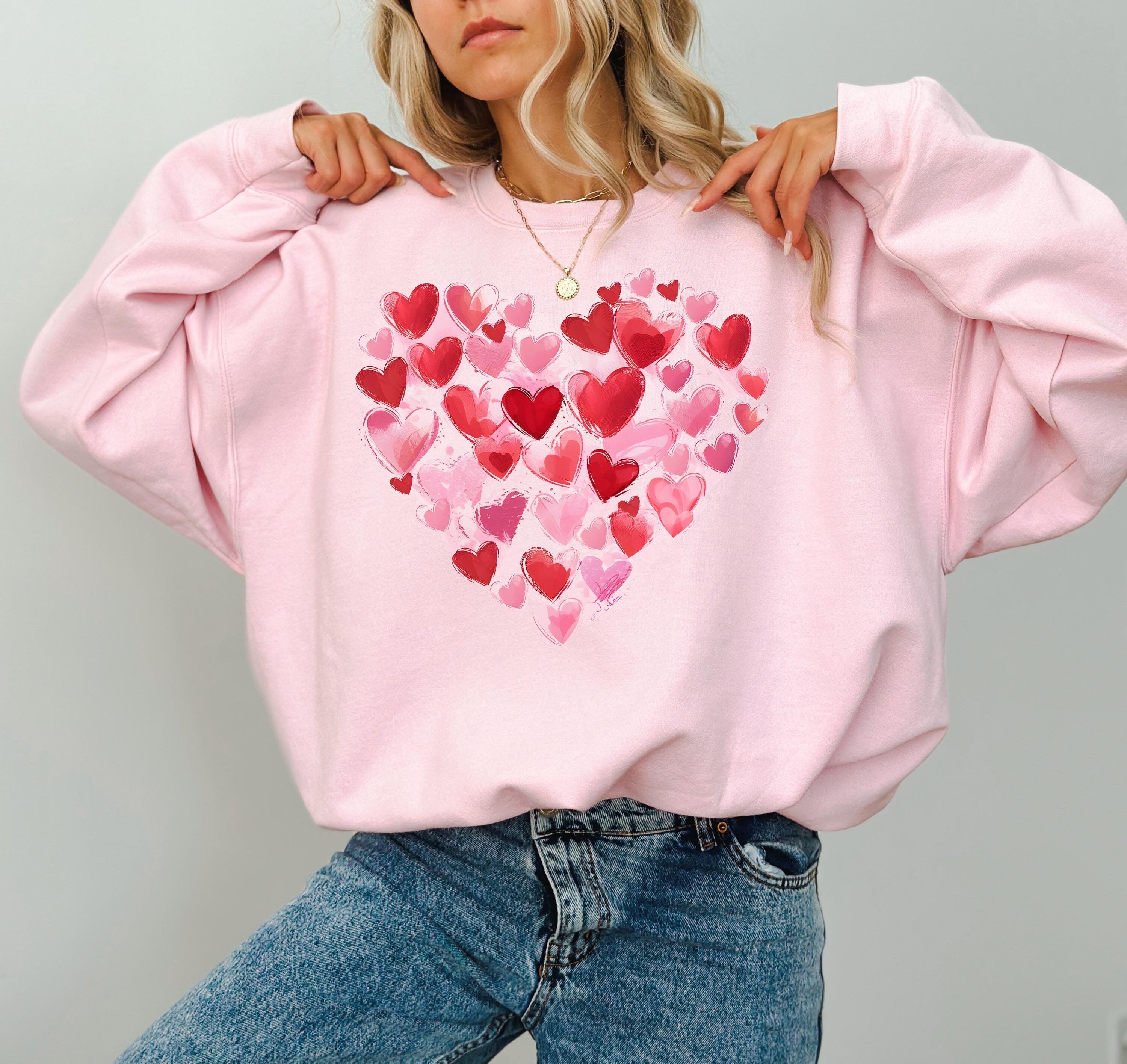 Cute Pink and Red Hearts Valentine's Day Crewneck, Retro Valentines Sweatshirt, Valentine"s Day TShirt, Galentine's Day Pullover, XOXO Love
