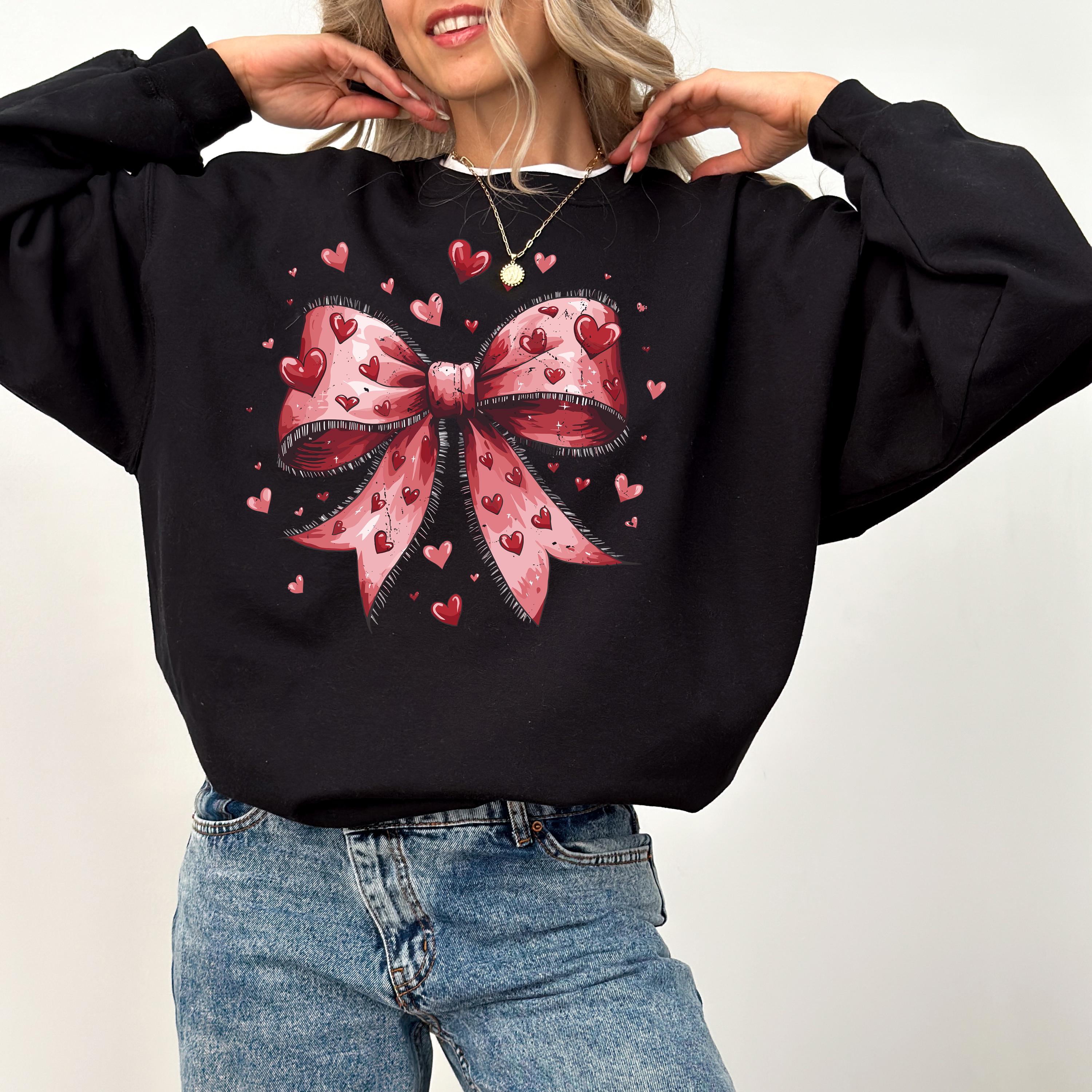 Cute Red Bows Valentine's Day Crewneck, Retro Valentines Sweatshirt, Valentines Day TShirt, Galentine's Day Pullover, Red Heart Love Design