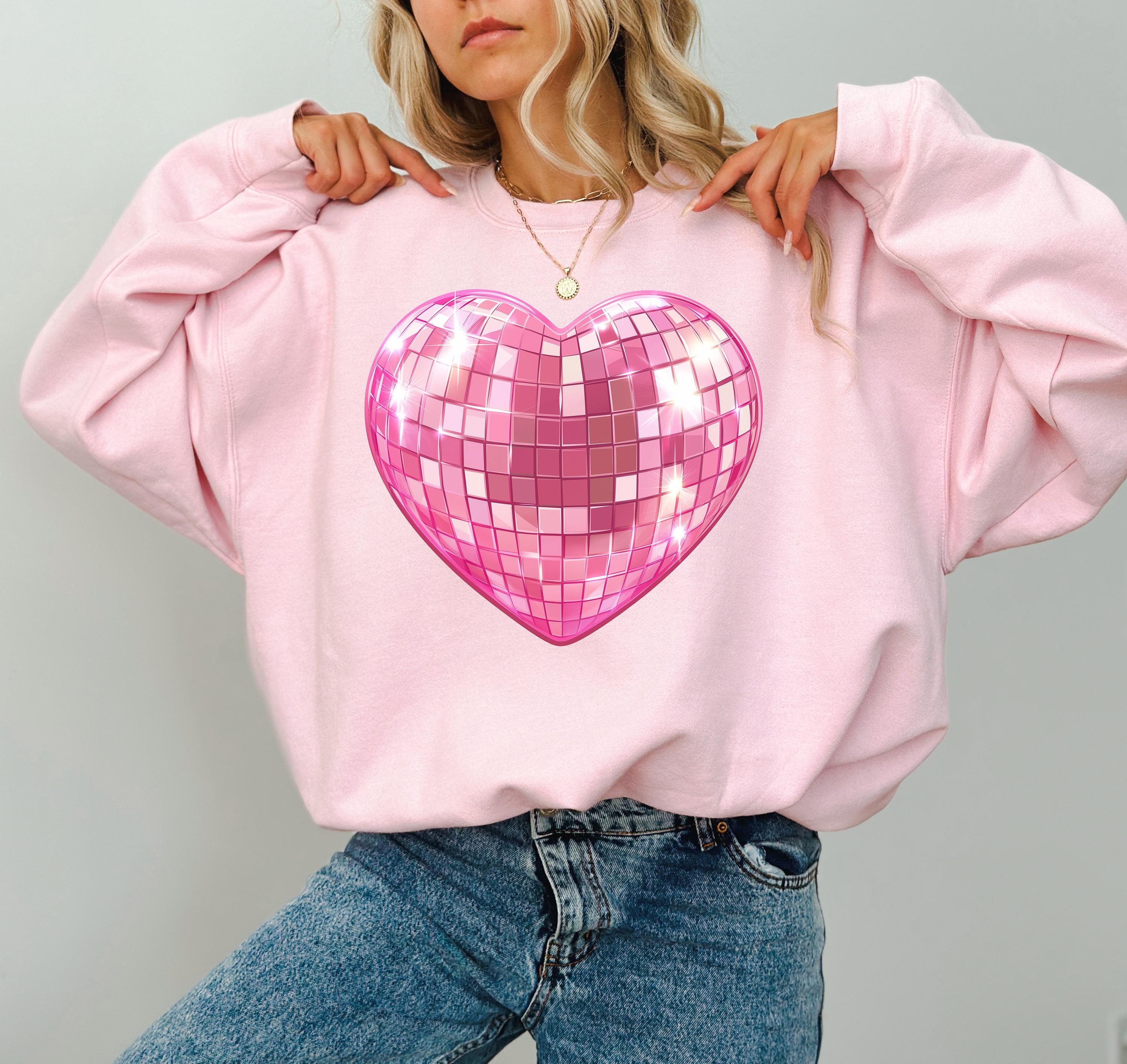 Pink Disco Ball Heart Valentine's Day Crewneck, Retro Valentines Sweatshirt, Valentines Day TShirt, Galentine's Day Sweatshirt,