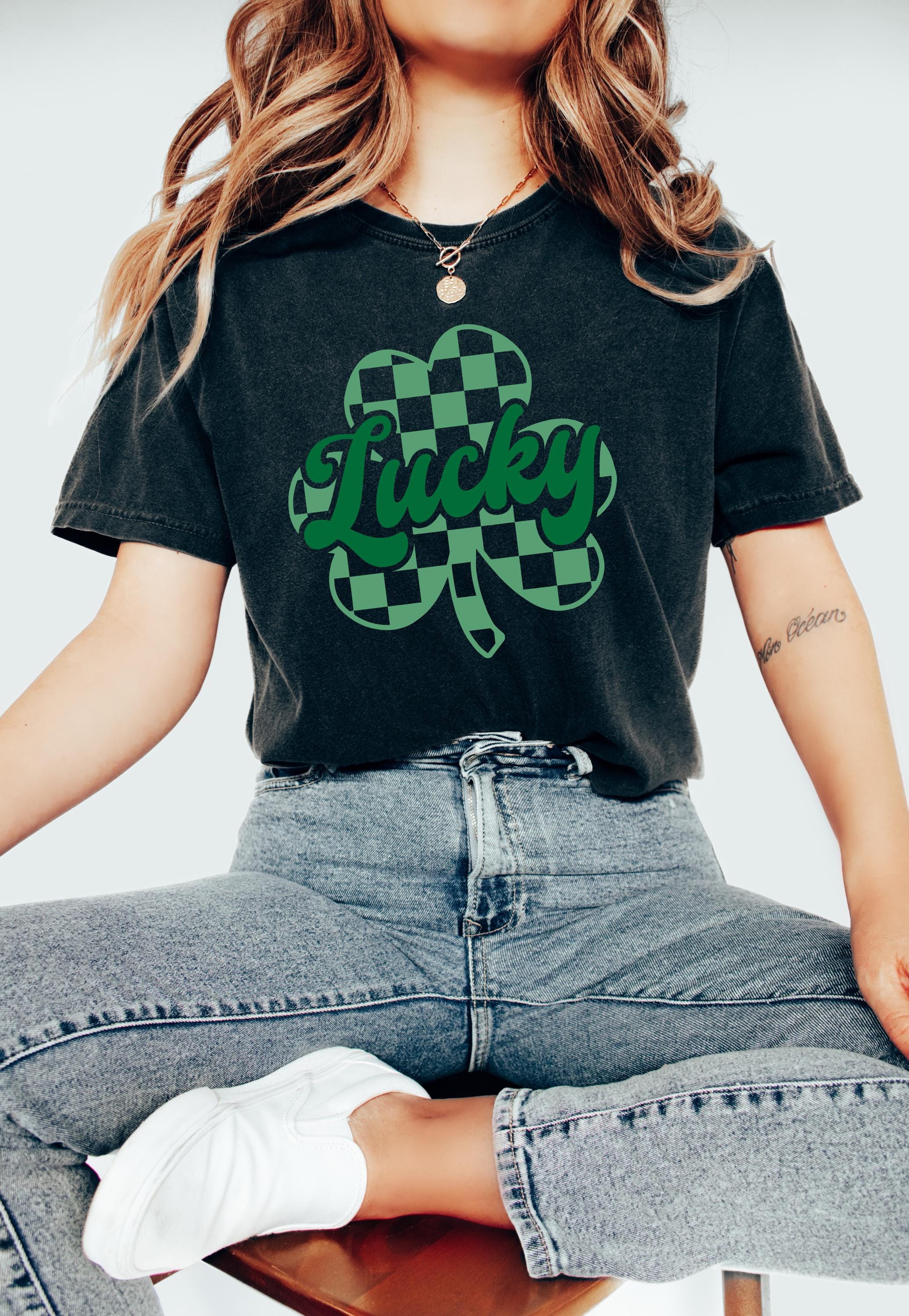 Checkered Shamrock St Patty's Day Comfort Colors Shirt, Vintage St Patricks Day Shirt, St Paddy's Day Four Leaf Clover Shirt, Lucky T Shirt