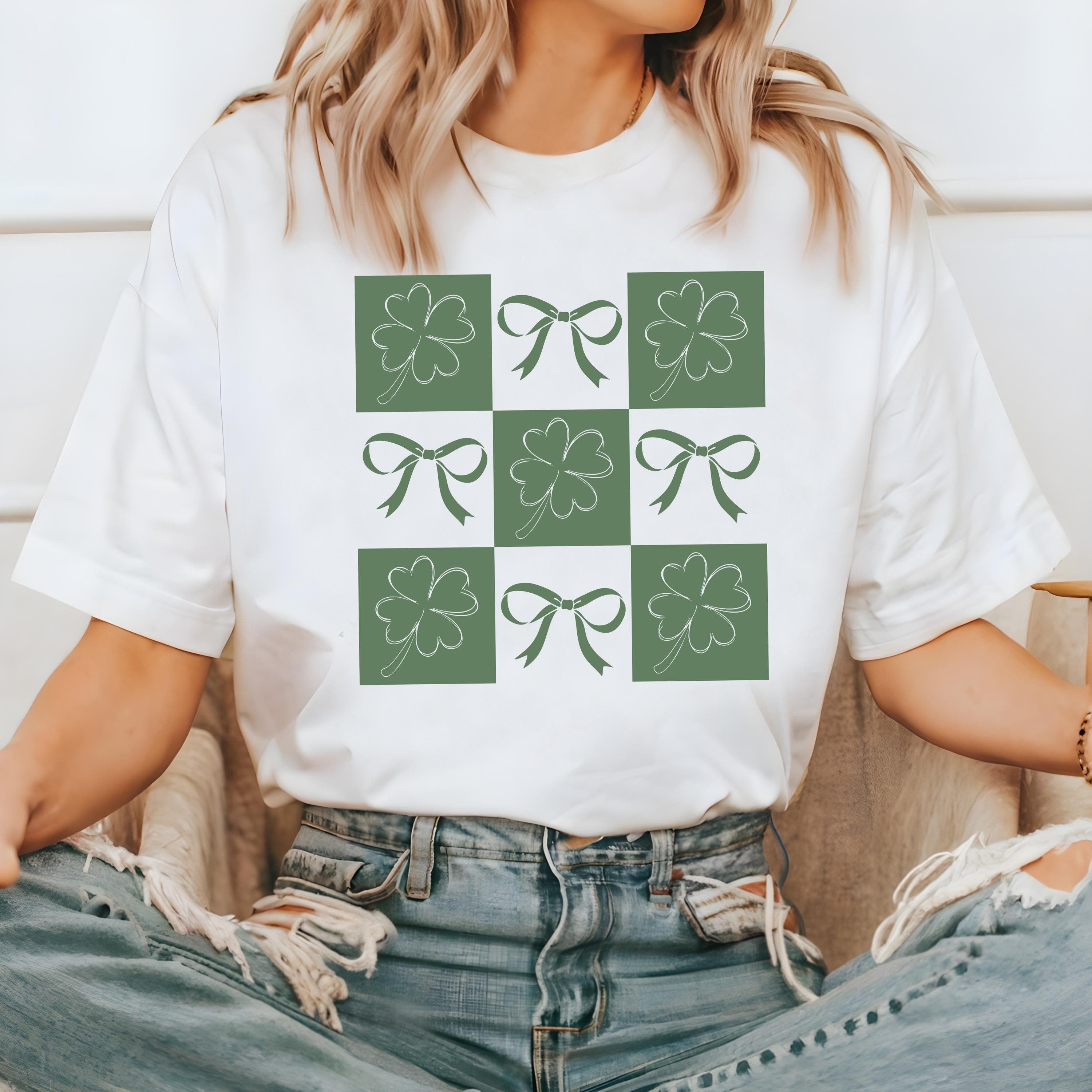 Green Bow Checkered Shamrock St Patty's Day Comfort Colors Shirt, Vintage St Patricks Day Shirt, St Paddy's Day Four Leaf Clover Shirt
