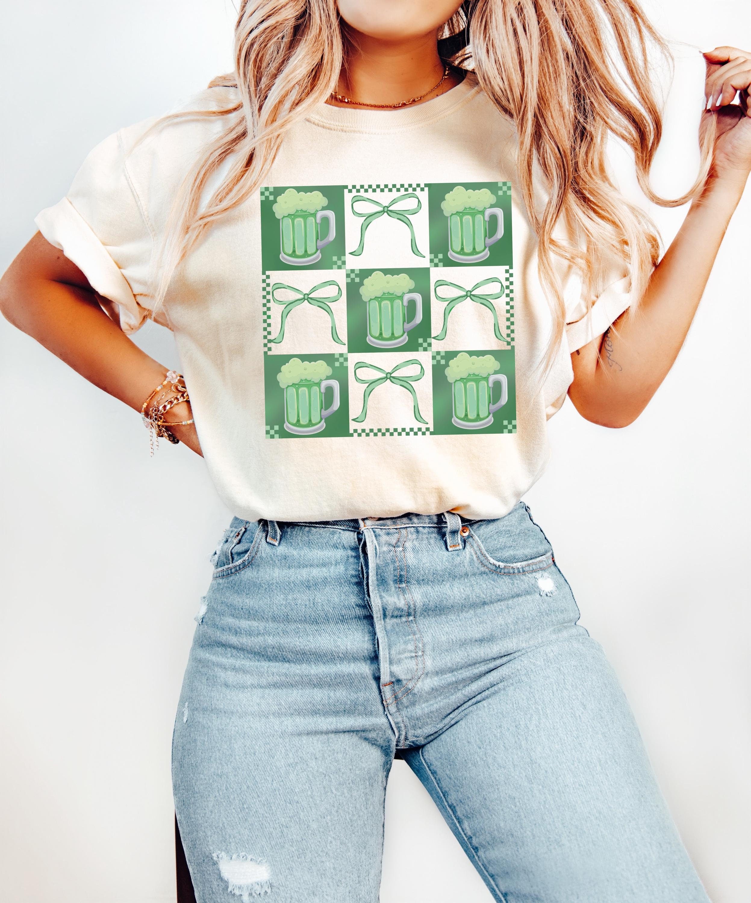 Green Beer Day St Patty's Day Comfort Colors Shirt Vintage St Patricks Day Shirt St Paddy's Day Four Leaf Clover Shirt Lucky Green Bow Shirt