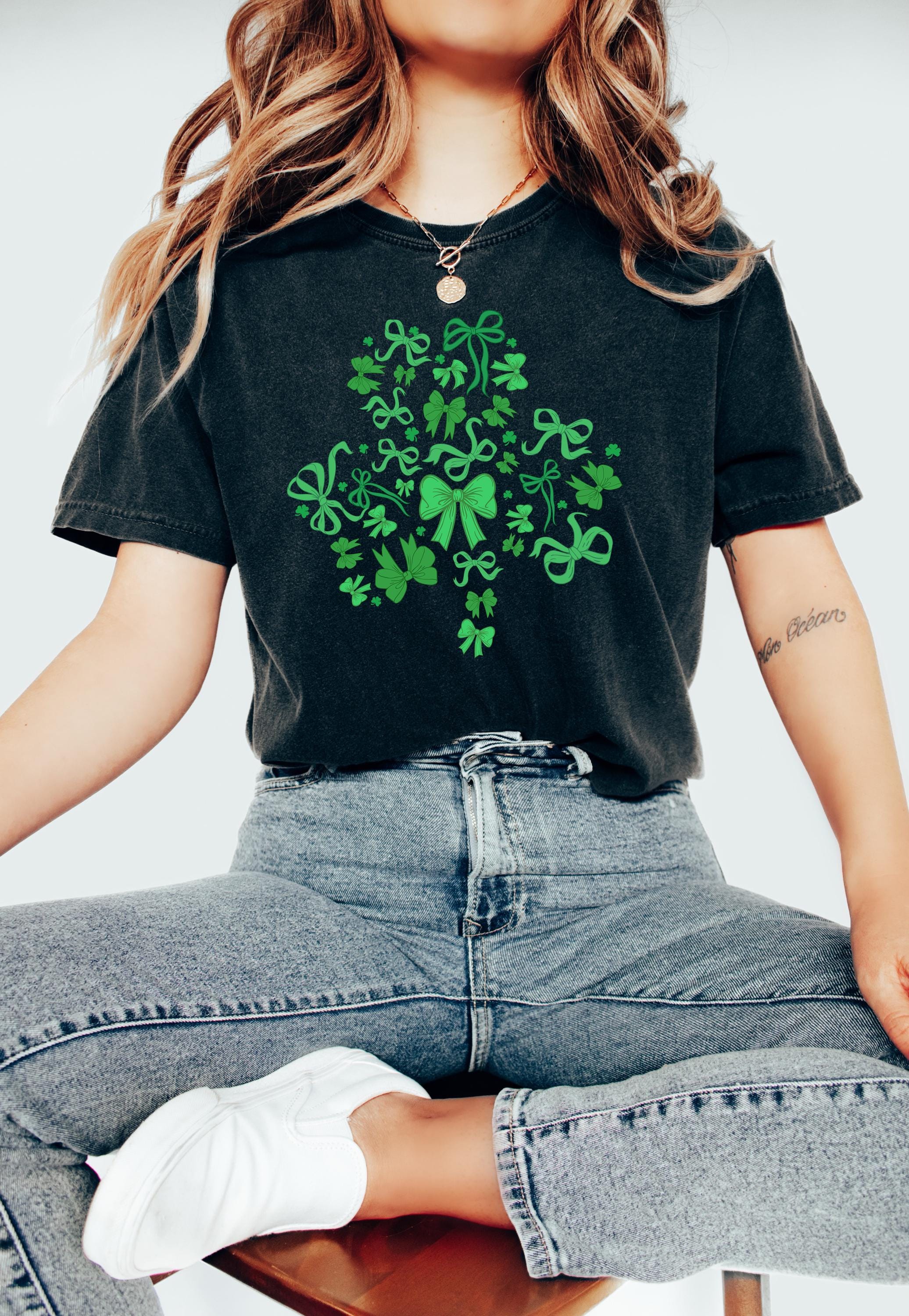 Green Bow and Clover St Patty's Day Comfort Colors Shirt, Funny St Patricks Day TShirt, St Paddy's Day Four Leaf Clover Shirt, Lucky T Shirt
