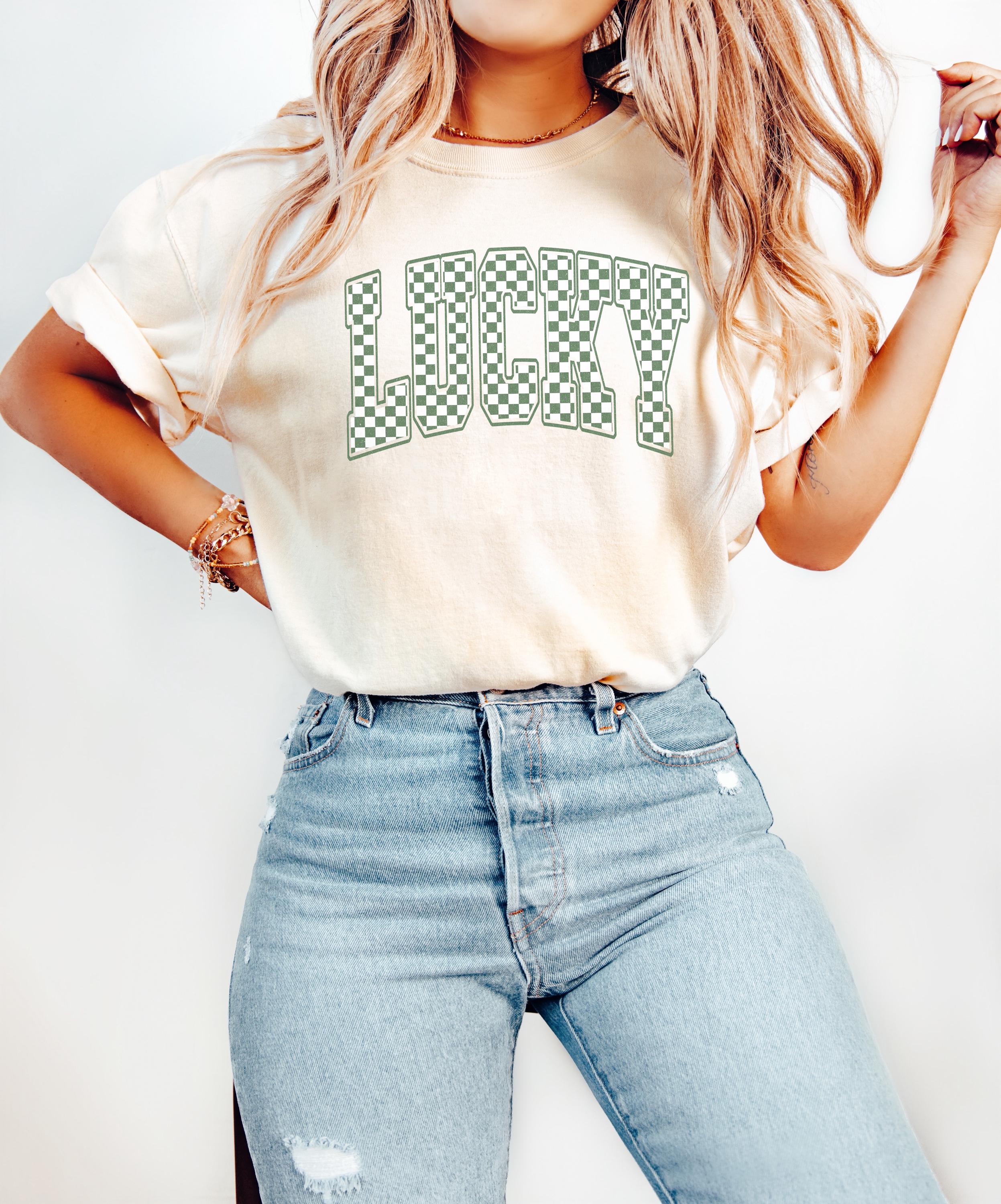 St Patty's Day Comfort Colors Shirt, Funny St Patricks Day TShirt, St Paddy's Day Four Leaf Clover Shirt, Lucky Green Checkered T Shirt