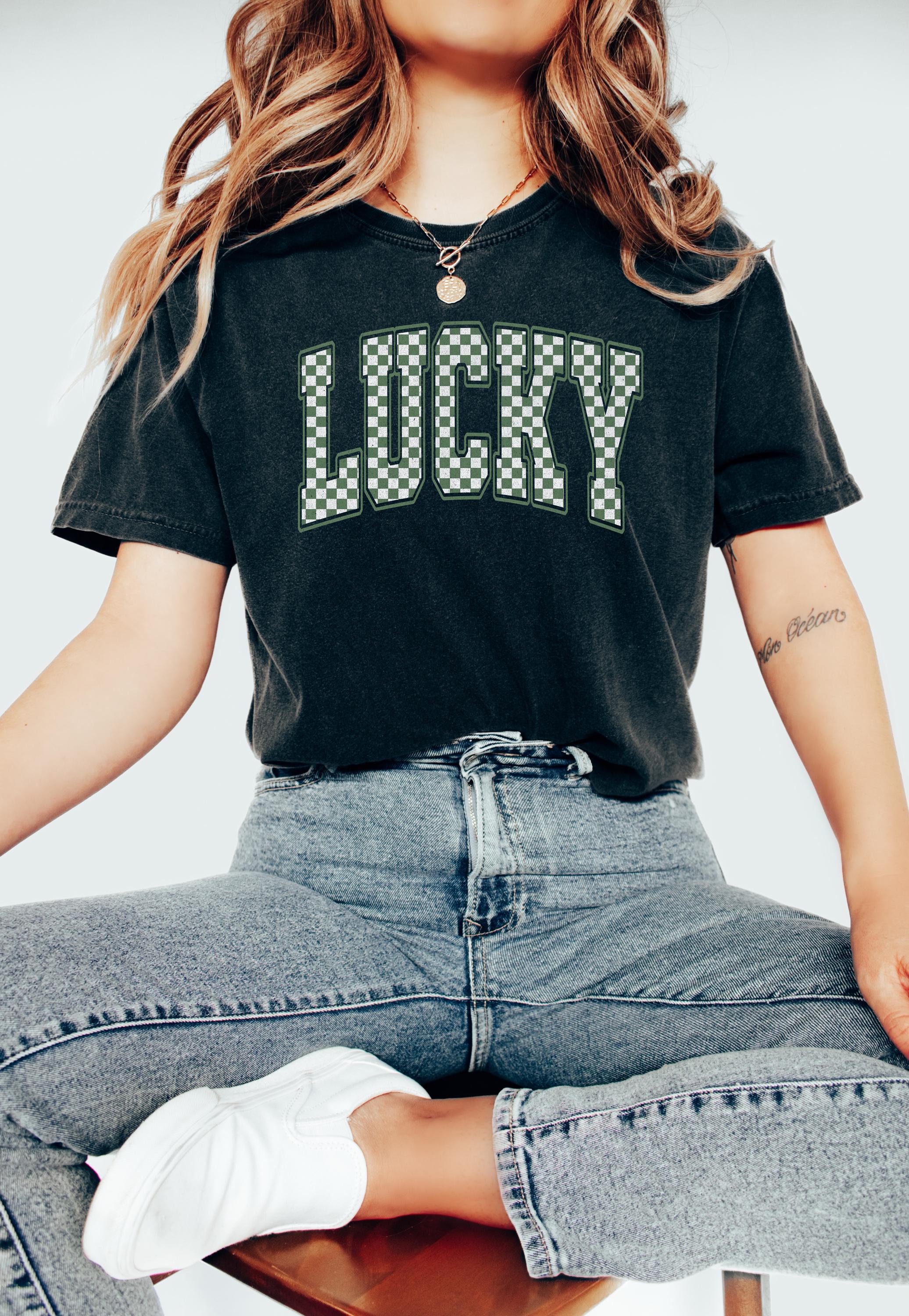 St Patty's Day Comfort Colors Shirt, Funny St Patricks Day TShirt, St Paddy's Day Four Leaf Clover Shirt, Lucky Green Checkered T Shirt