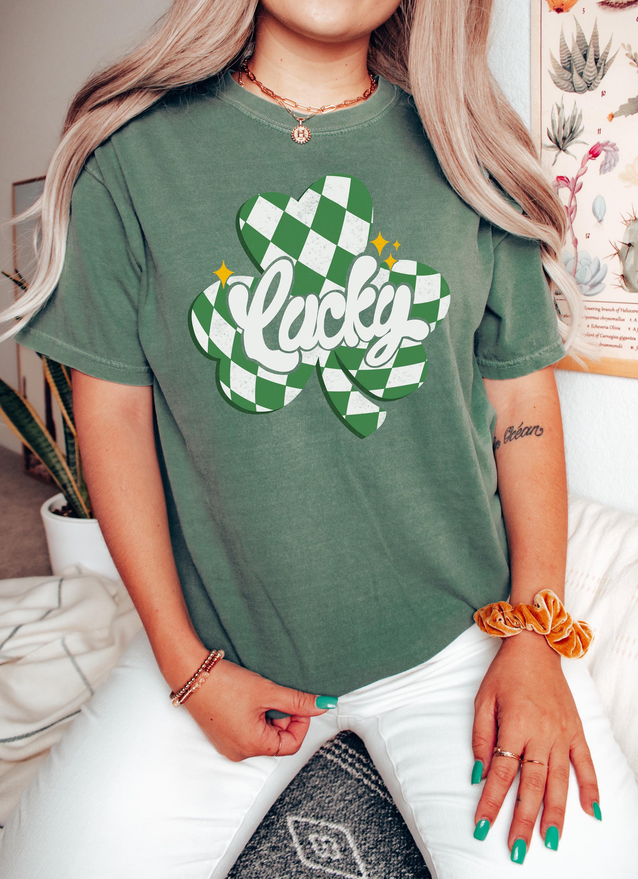 Retro Checkered Lucky St Patty's Day Comfort Colors Shirt, Cute St Patricks Day TShirt, St Paddy's Day Four Leaf Clover Shirt, Lucky T Shirt