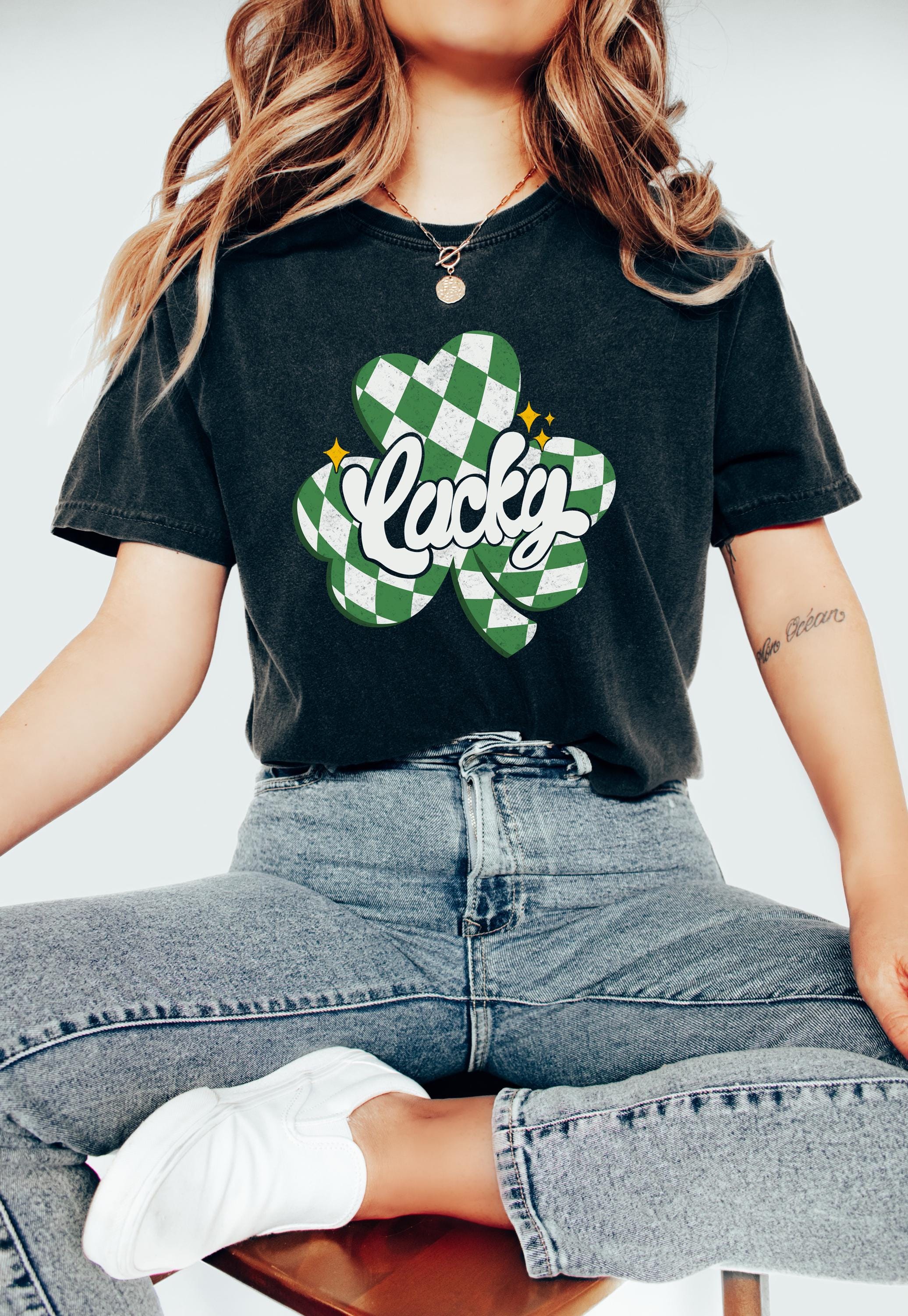 Retro Checkered Lucky St Patty's Day Comfort Colors Shirt, Cute St Patricks Day TShirt, St Paddy's Day Four Leaf Clover Shirt, Lucky T Shirt