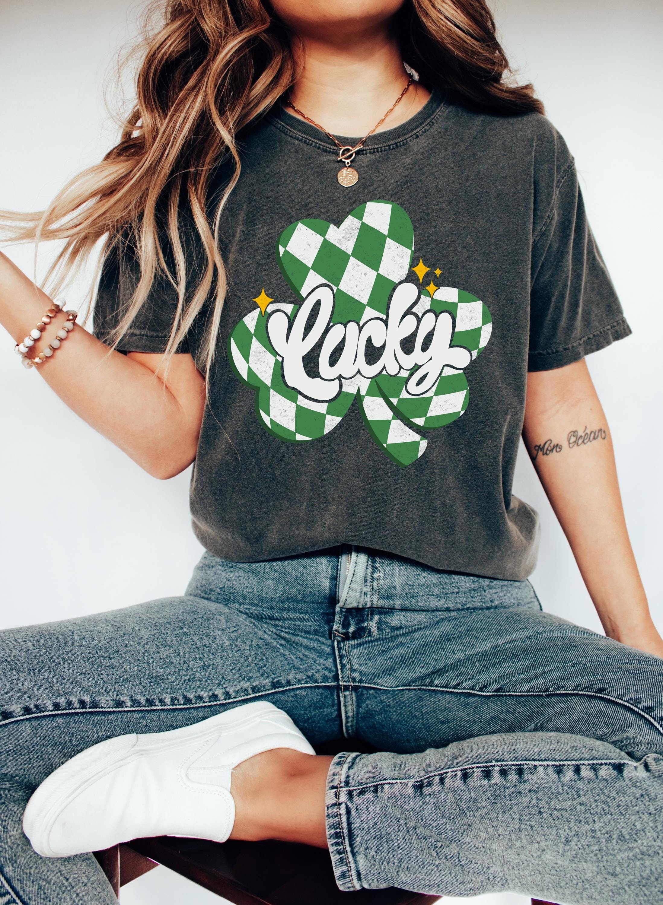 Retro Checkered Lucky St Patty's Day Comfort Colors Shirt, Cute St Patricks Day TShirt, St Paddy's Day Four Leaf Clover Shirt, Lucky T Shirt