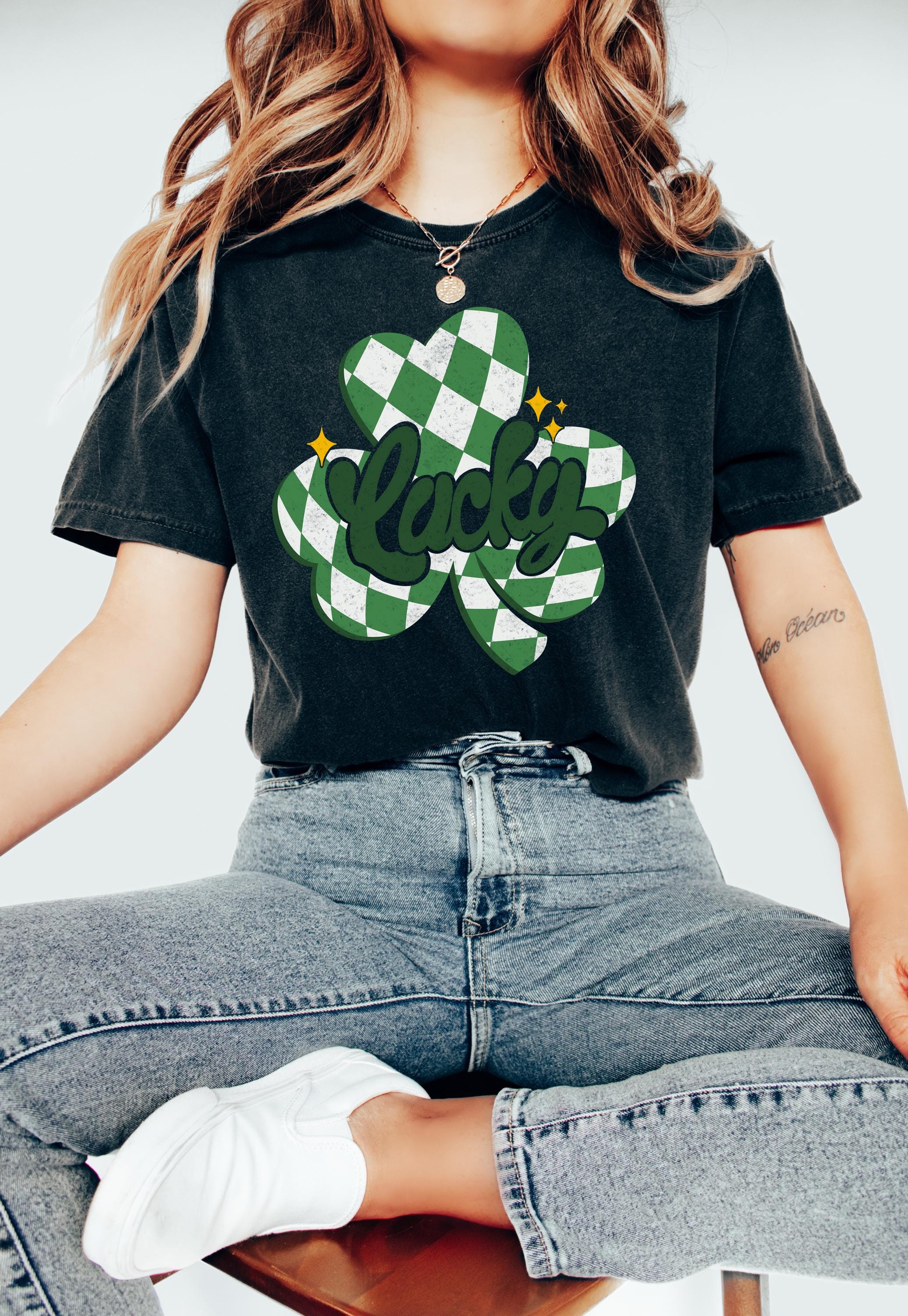 Checkered Clover Lucky St Patty's Day Comfort Colors Shirt, Cute St Patricks Day TShirt, St Paddy's Day Four Leaf Clover Shirt, Green T