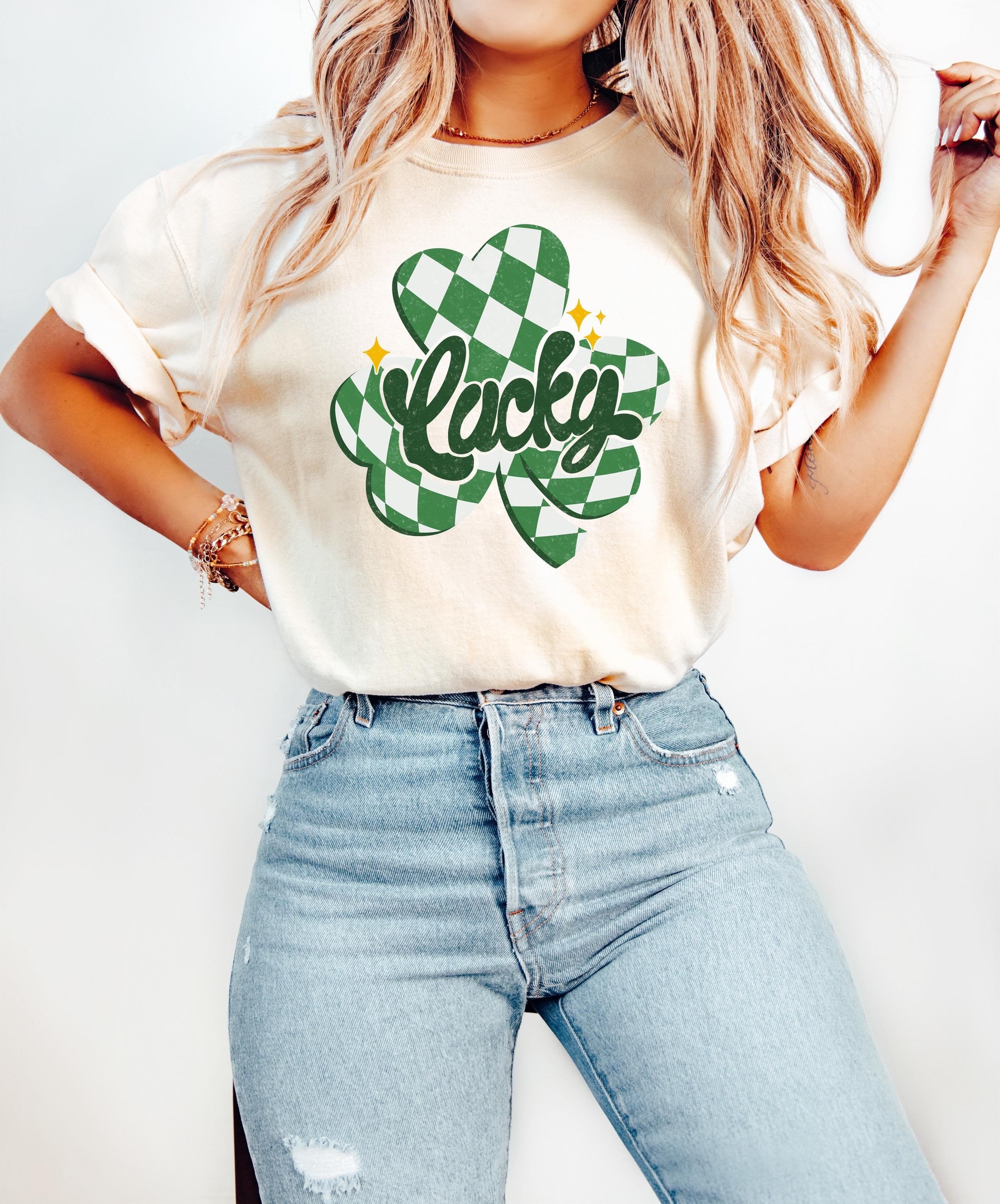 Checkered Clover Lucky St Patty's Day Comfort Colors Shirt, Cute St Patricks Day TShirt, St Paddy's Day Four Leaf Clover Shirt, Green T