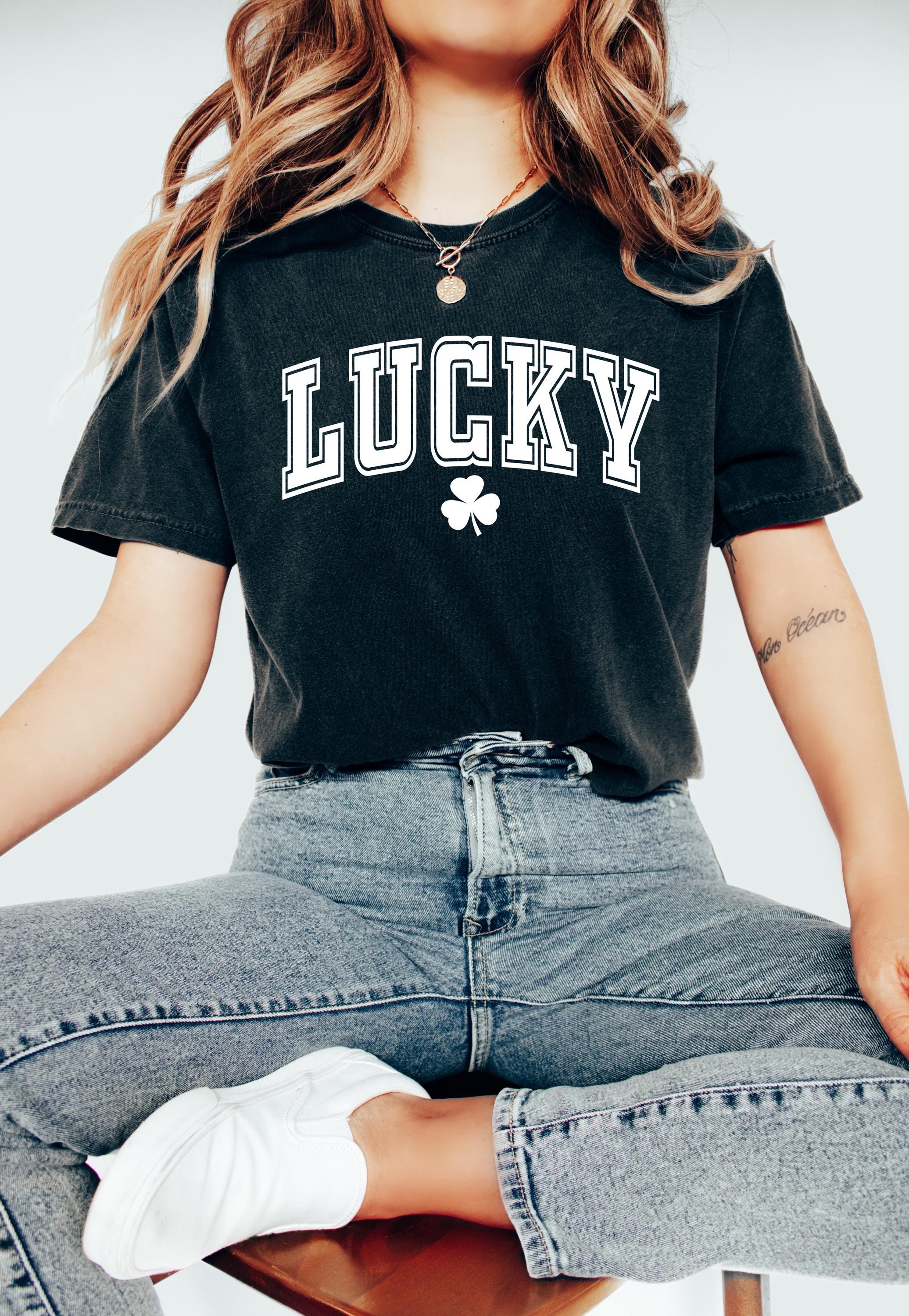 Lucky St Patty's Day Comfort Colors Shirt, Cute St Patricks Day TShirt, St Paddy's Day Four Leaf Clover Shirt, Green Varsity T