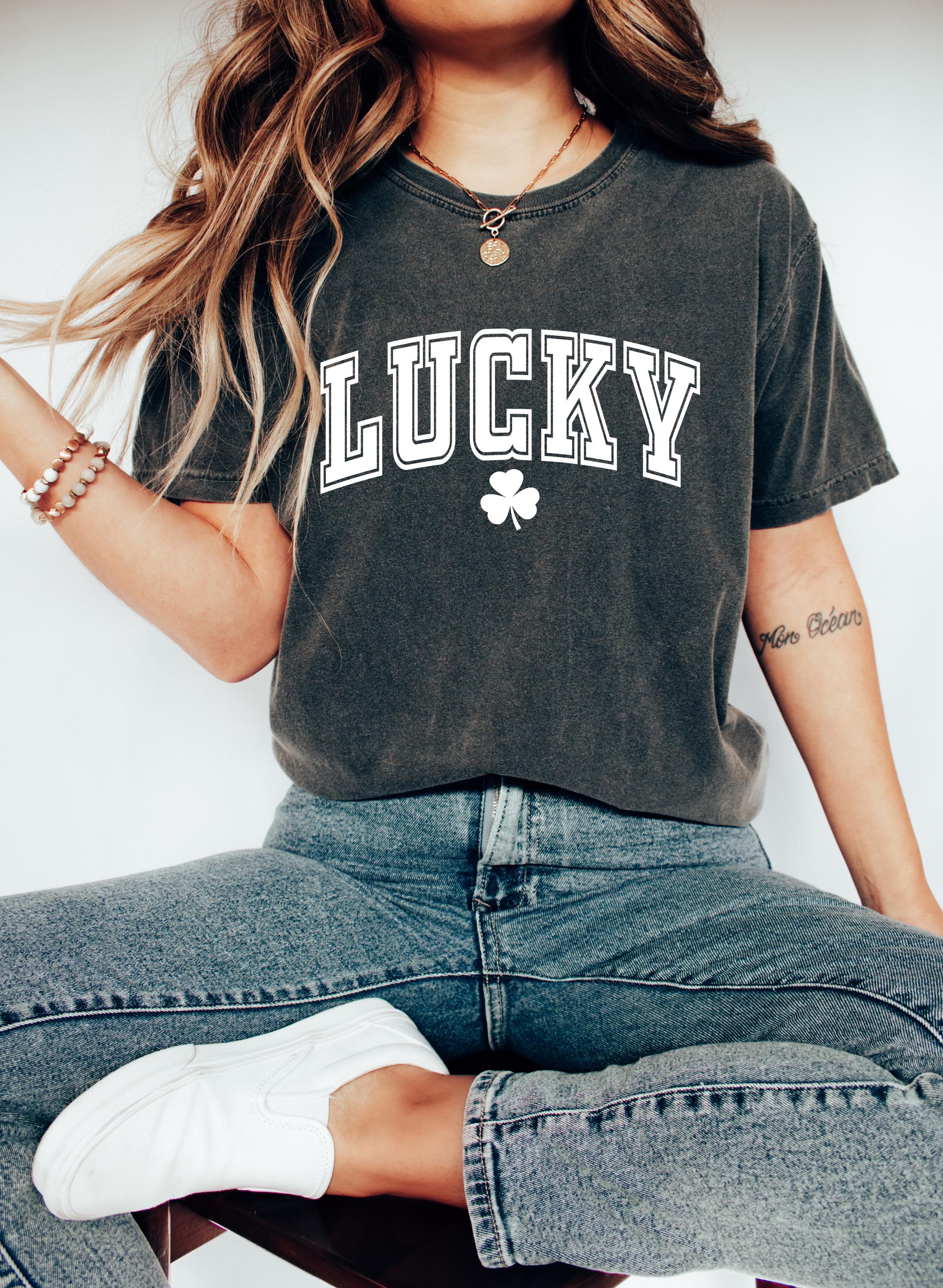 Lucky St Patty's Day Comfort Colors Shirt, Cute St Patricks Day TShirt, St Paddy's Day Four Leaf Clover Shirt, Green Varsity T