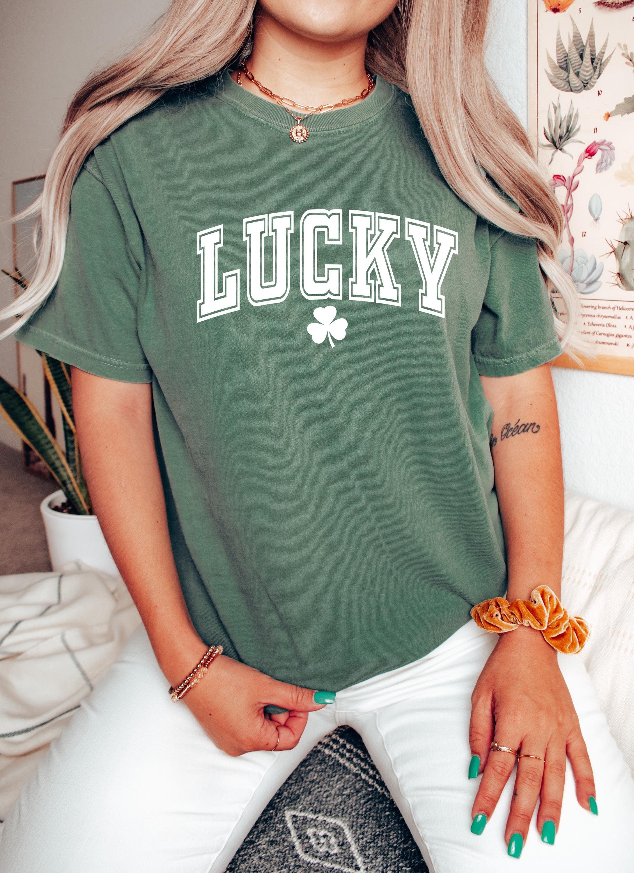 Lucky St Patty's Day Comfort Colors Shirt, Cute St Patricks Day TShirt, St Paddy's Day Four Leaf Clover Shirt, Green Varsity T