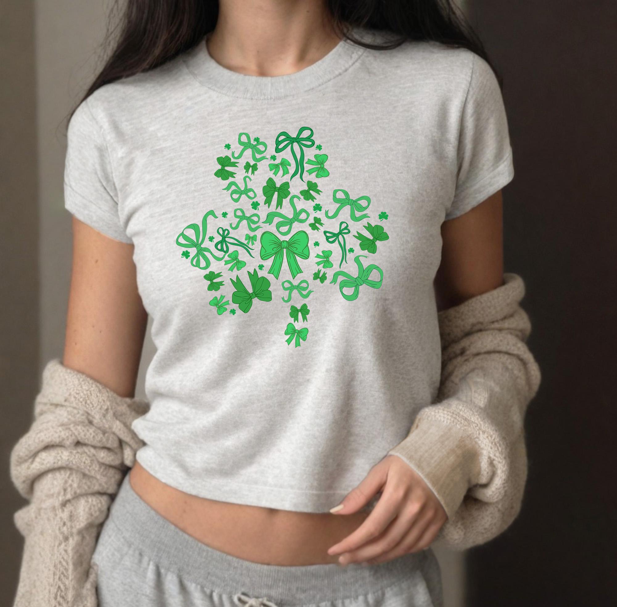 Green Bow 4 Leaf Clover Baby Tee, St Paddys Tee, St Pattys Day Tee, y2k baby tee, 90s baby tee, y2k, St Patricks Day Crop, Green Beer Day