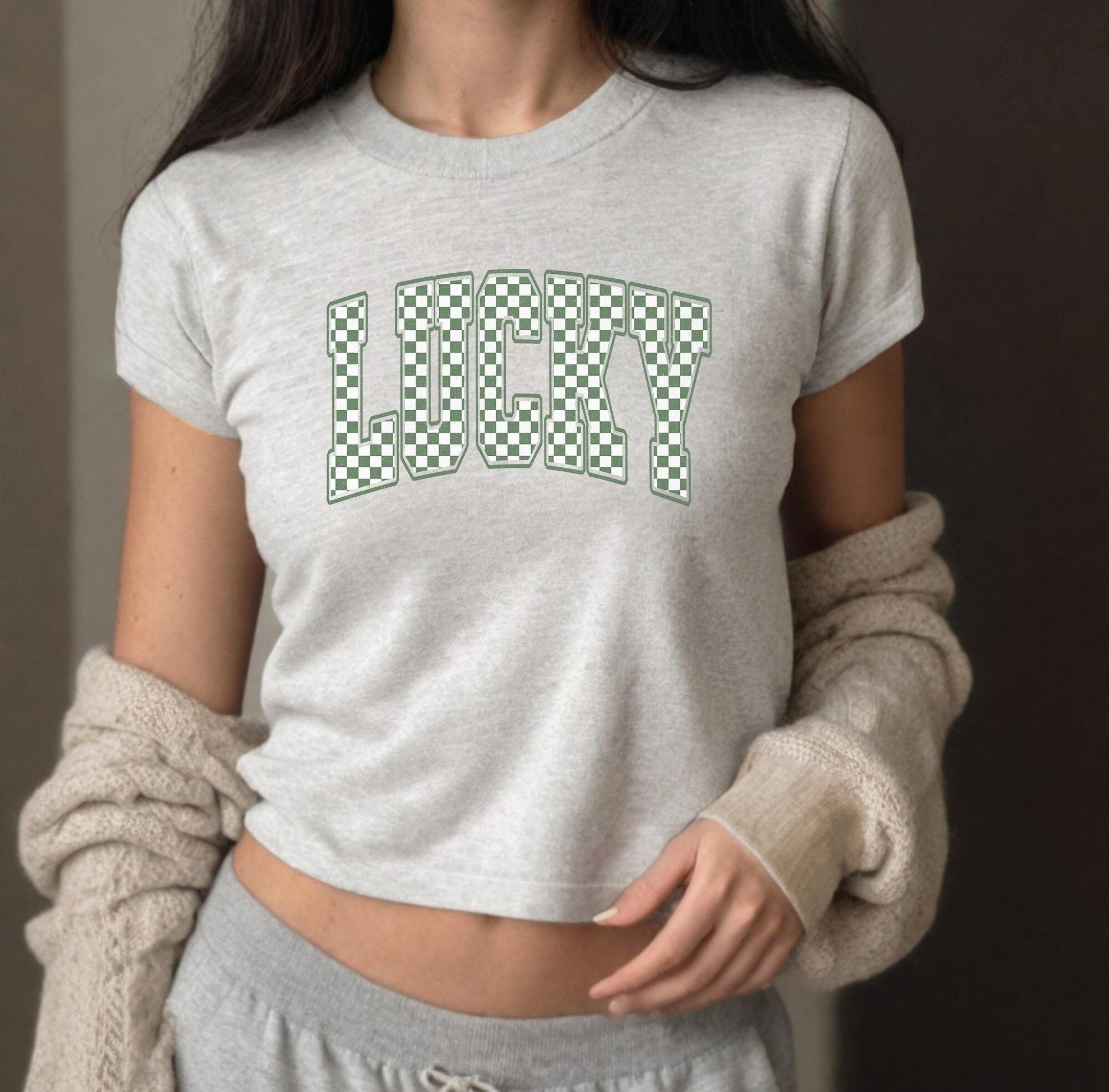 Checkered Green Lucky Baby Tee, Four Leaf Clover Shirt, St Paddys Tee, St Pattys Day, y2k tee, 90s baby tee, Cute St Patricks Day Crop