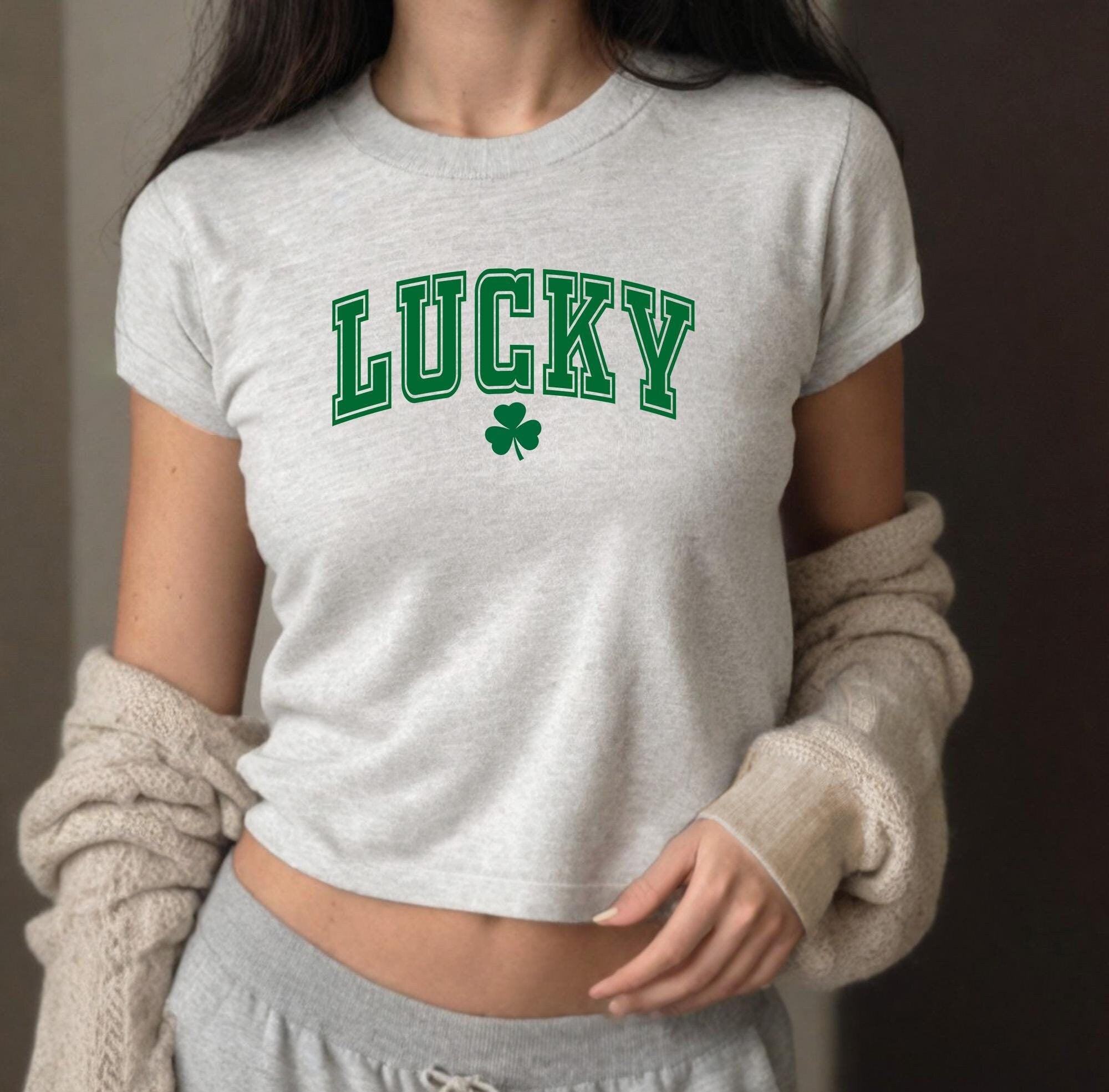 Varsity Lucky 4 Leaf Clover Baby Tee, Four Leaf Clover Baby Tee, St Paddys Tee, St Pattys Day Tee, y2k baby tee, St Patricks Day Crop
