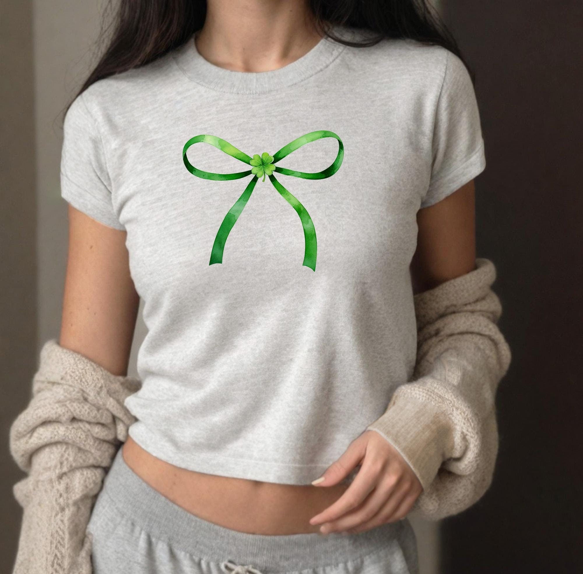 Cute Green Coquette Bow 4 Leaf Clover Baby Tee, Four Leaf Clover Baby Shirt, St Paddys Tee, St Pattys Day T y2k baby t, St Patricks Day Crop