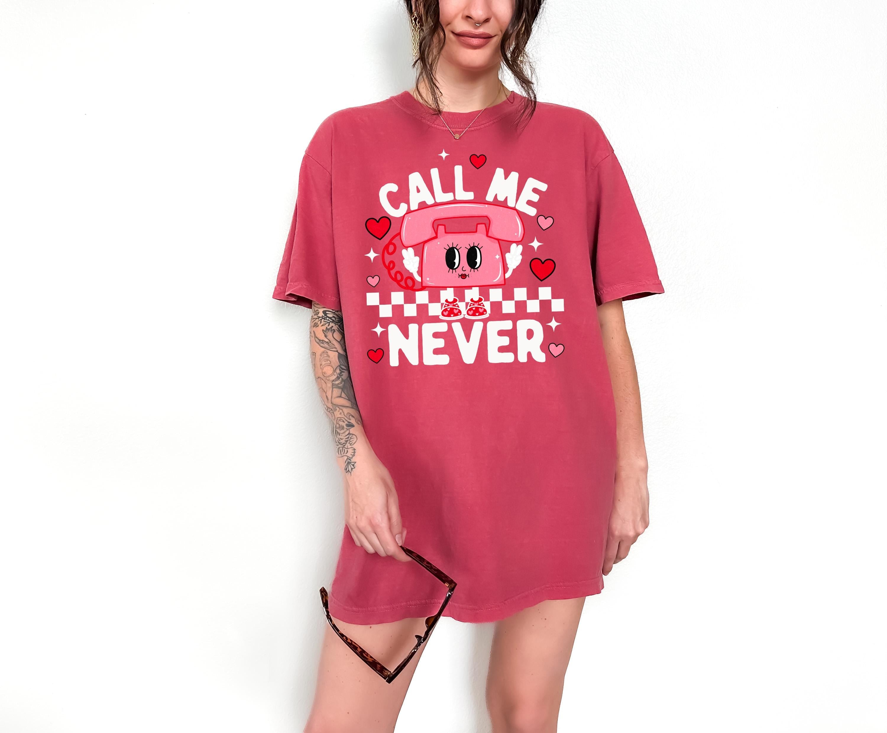 Call Me Never Retro Valentine's Day Comfort Colors Shirt, Vintage Vday Shirt, Love Day Shirt, Galentine's Day 2025, Checkered Design, Trendy