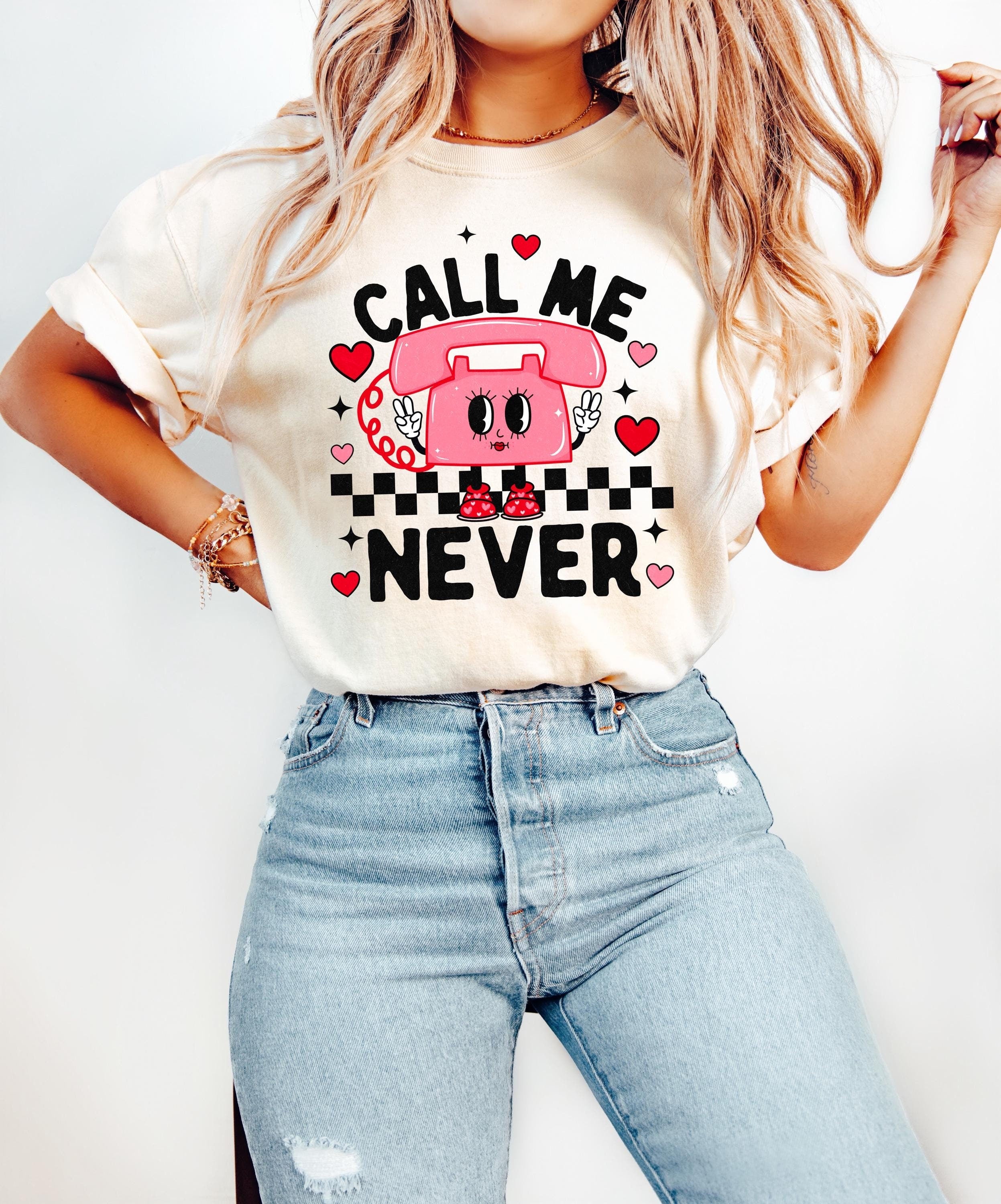 Funny Call Me Never Retro Valentine's Day Comfort Colors Shirt, Vintage Vday Shirt, Love Day Shirt, Galentine's Day 2025, Checkered Design