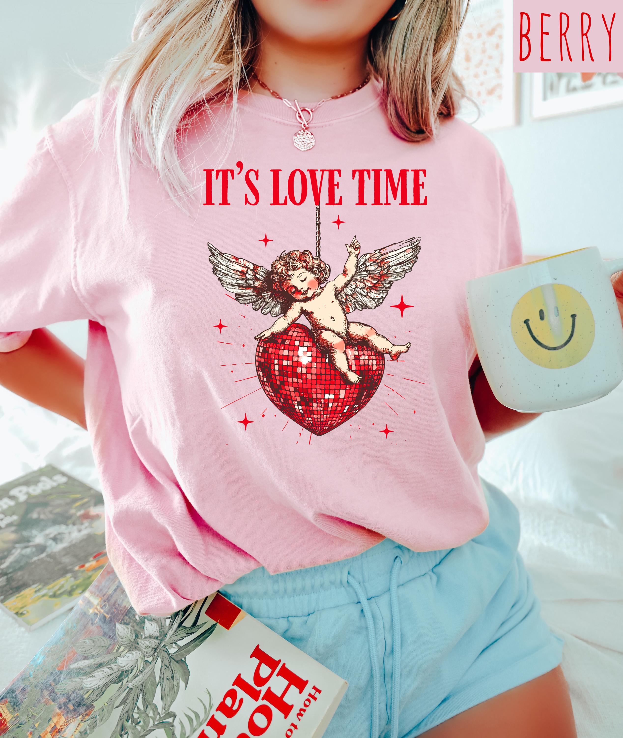 It's Love Time Valentine's Day Comfort Colors Shirt, Cute Cupid Valentine Shirt, Anti Love TShirt, Galentine's Day 2025, Disco Ball Heart