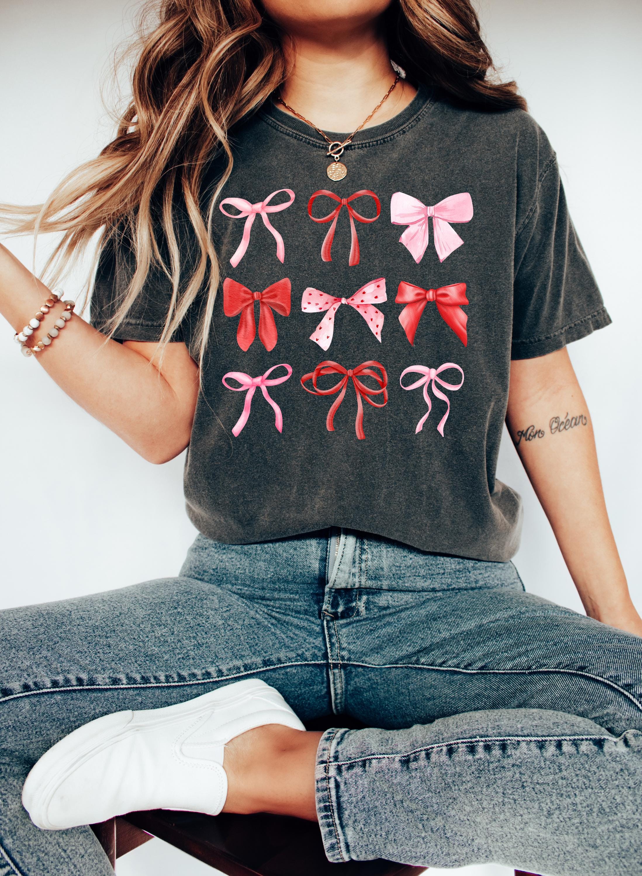 Valentine's Day Comfort Colors Shirt, Cute Pink and Red Bows Valentine Shirt, Valentine's Design, Galentine's Day 2025, Trendy Bow Shirt