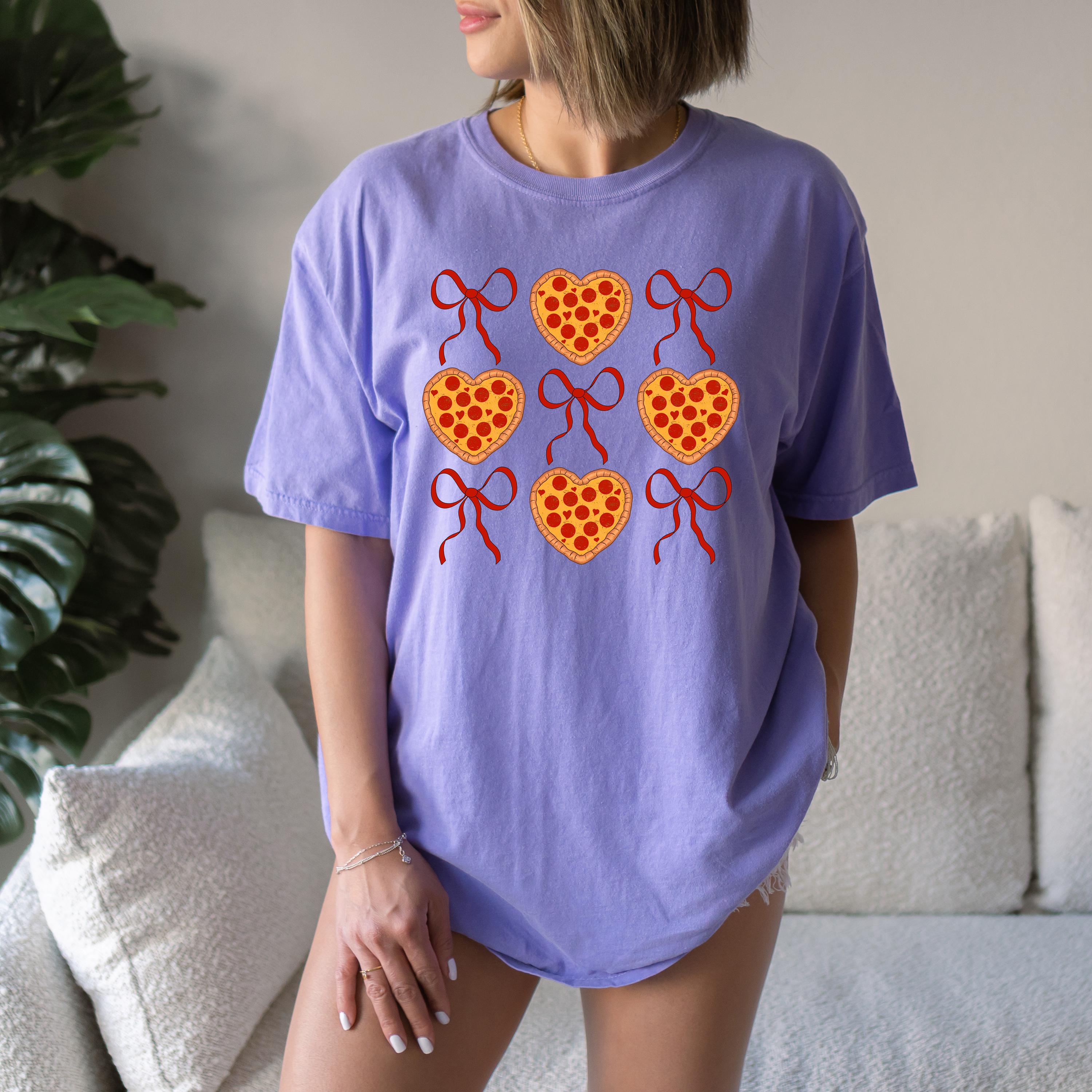 Heart Pizza Valentine's Day Comfort Colors Shirt, Cute Red Bows Valentine Shirt, Valentine's Design, Galentine's Day 2025, Trendy Bow Shirt
