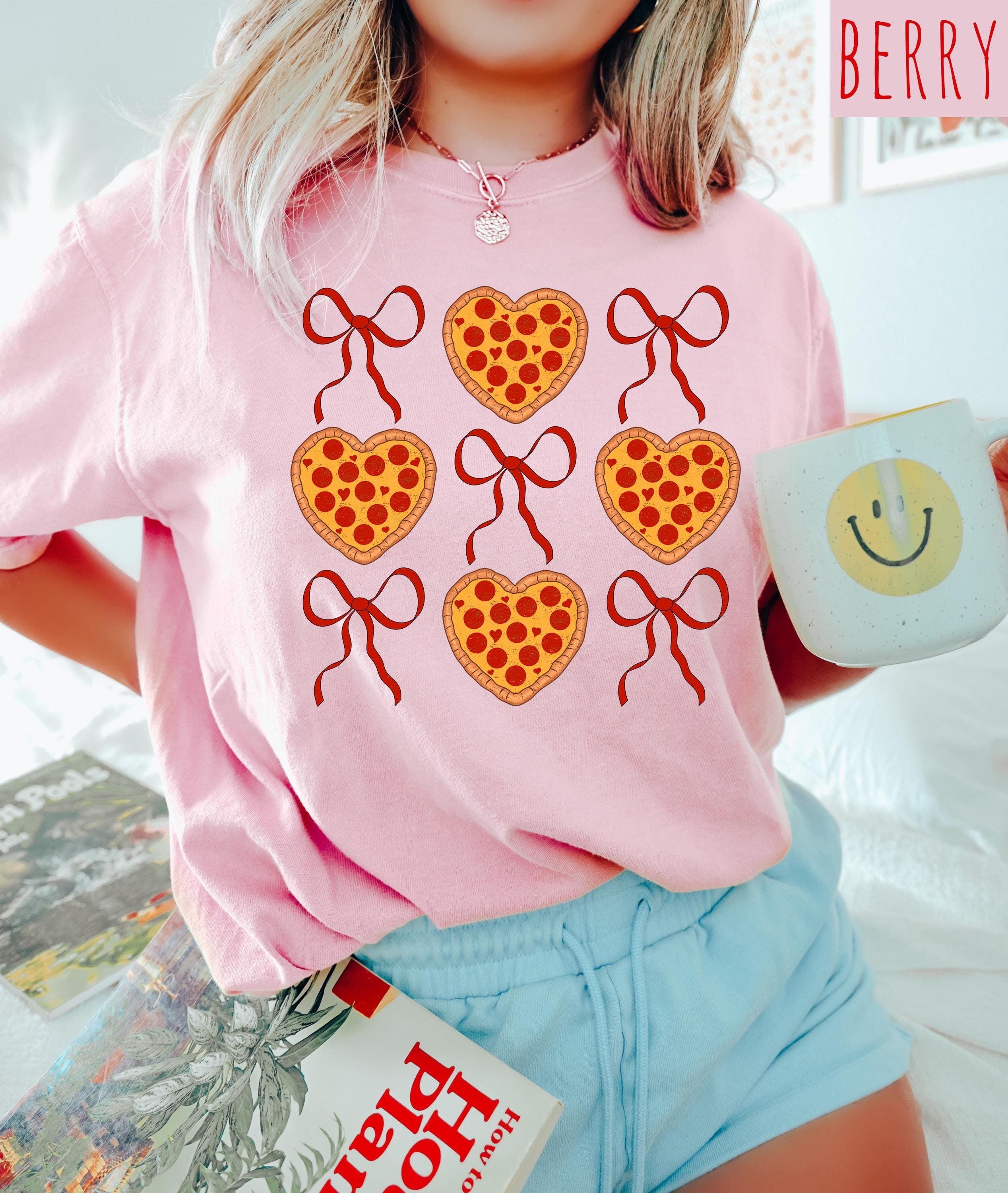 Heart Pizza Valentine's Day Comfort Colors Shirt, Cute Red Bows Valentine Shirt, Valentine's Design, Galentine's Day 2025, Trendy Bow Shirt