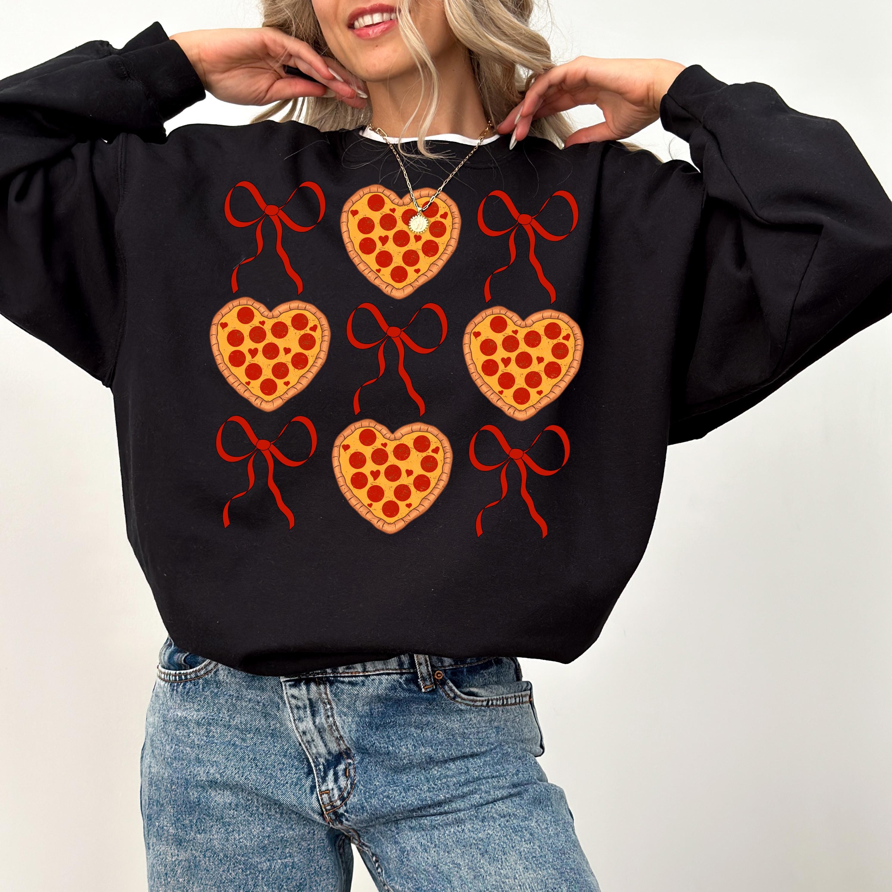 Heart Pizzas and Red Bows Valentine's Day Crewneck, Retro Valentines Sweatshirt, Valentines Day TShirt, Galentine's Day Sweatshirt, Foodie T