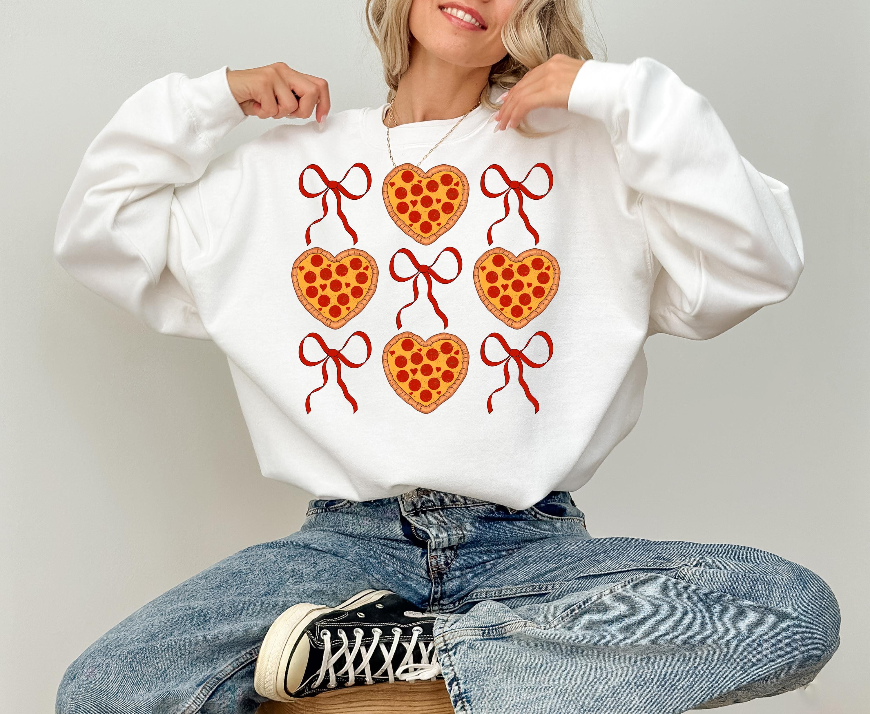 Heart Pizzas and Red Bows Valentine's Day Crewneck, Retro Valentines Sweatshirt, Valentines Day TShirt, Galentine's Day Sweatshirt, Foodie T