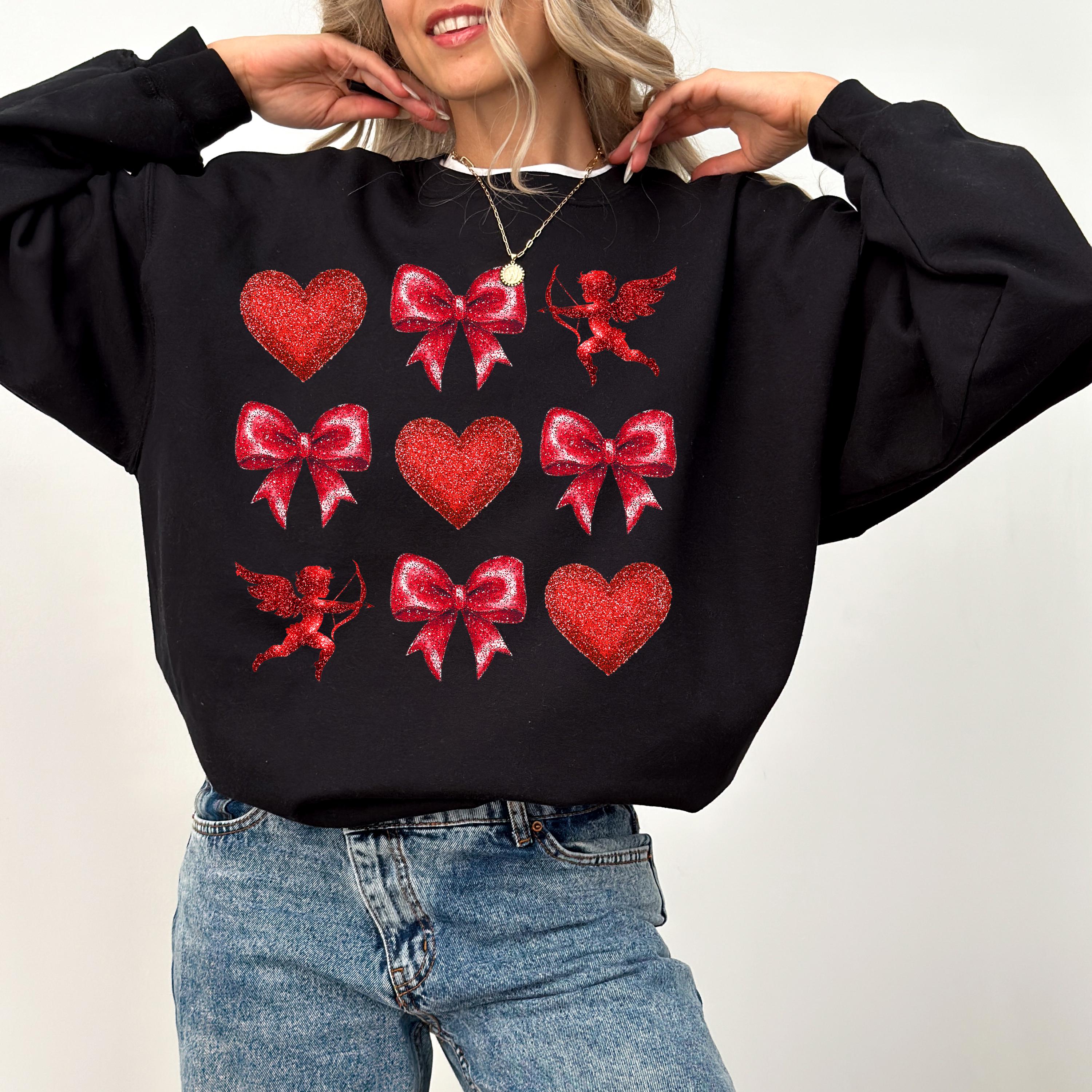 Baby Cupid Valentine's Day Crewneck, Retro Red Hearts Valentines Sweatshirt, Valentines Day TShirt, Galentine's Day Red Bows Pullover,