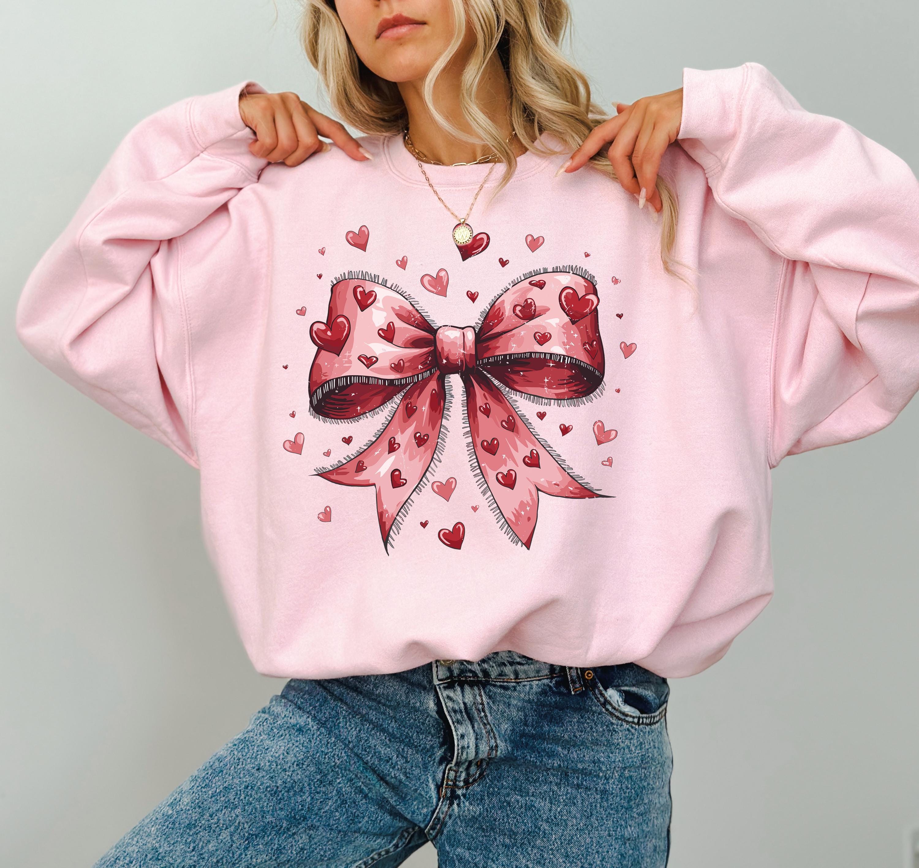 Cute Red Bows Valentine's Day Crewneck, Retro Valentines Sweatshirt, Valentines Day TShirt, Galentine's Day Pullover, Red Heart Love Design