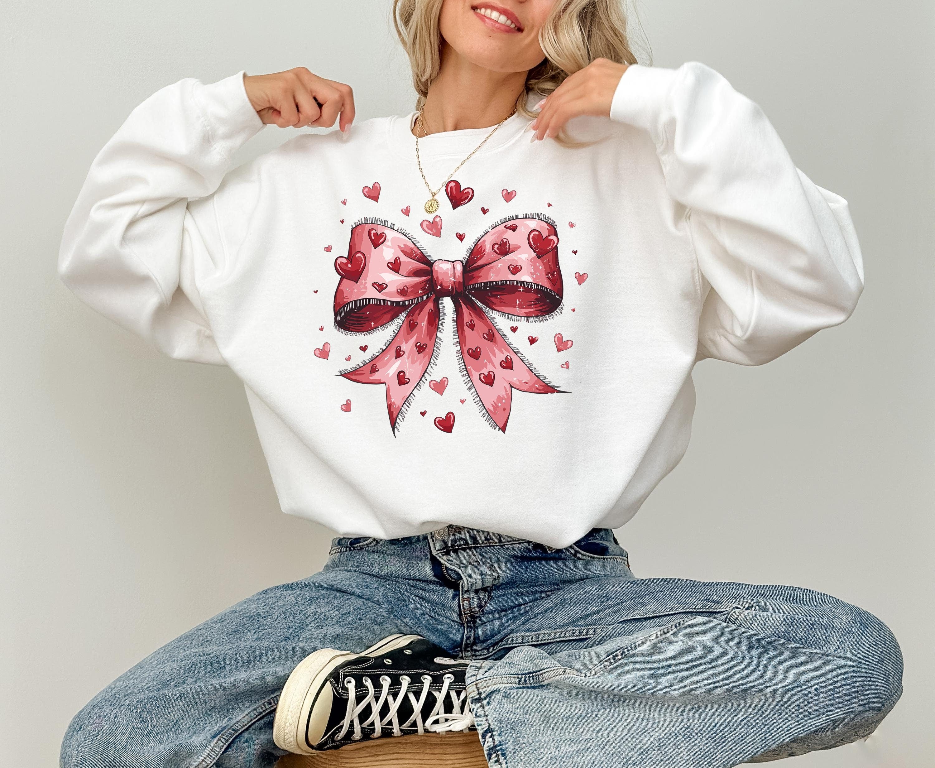 Cute Red Bows Valentine's Day Crewneck, Retro Valentines Sweatshirt, Valentines Day TShirt, Galentine's Day Pullover, Red Heart Love Design