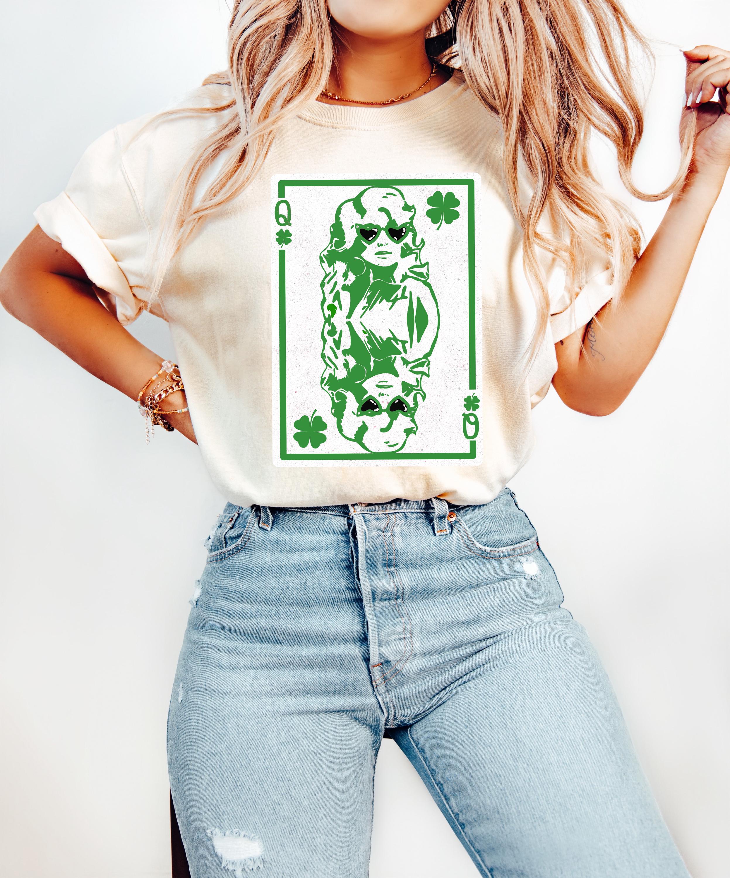 Queen Dolly St Patty's Day Comfort Colors Shirt, Queen of Clover Clover Card St Patricks Day TShirt, St Paddy's Four Leaf Clover Green Tee