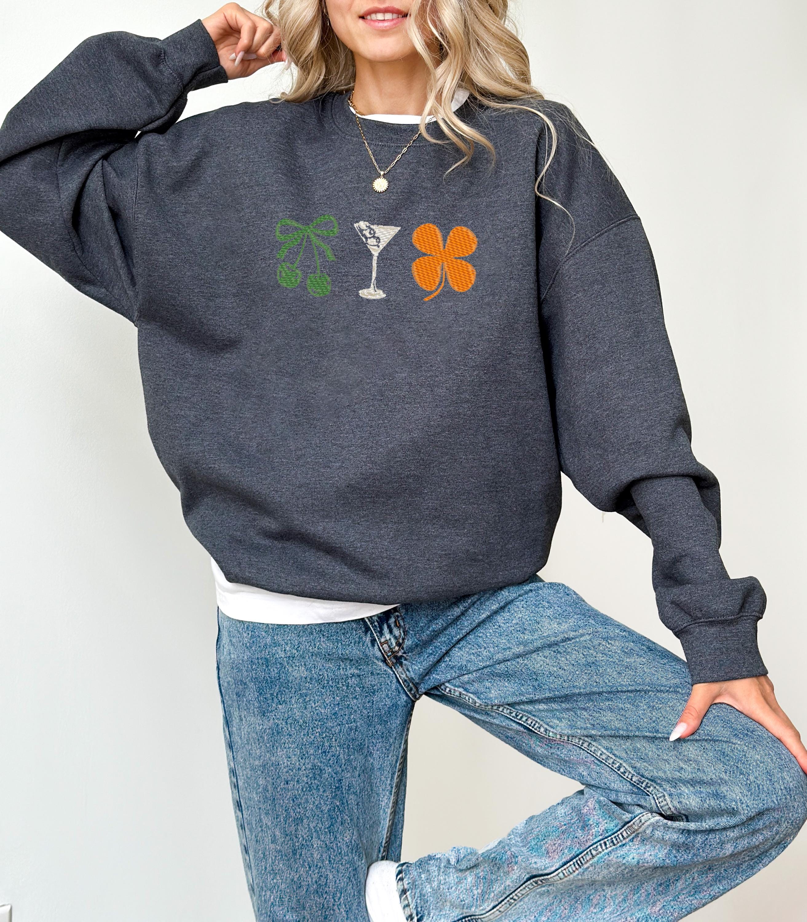 Embroidery Martini Shamrock Cherrys St Patty's Sweatshirt, St Paddy's Day Sweater, St Patricks Day Crewneck, Unisex Sweatshirt, Embroidery