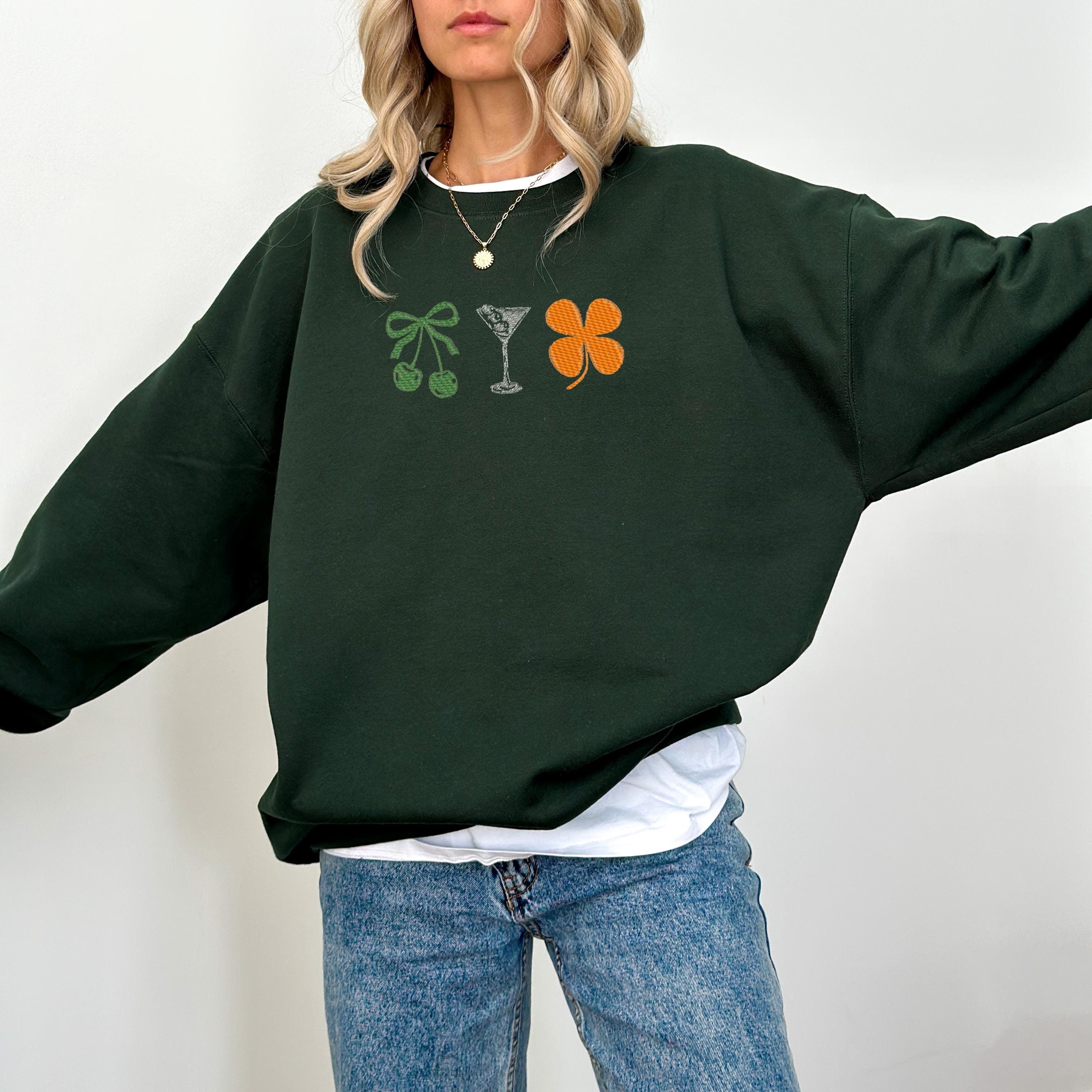 martini cherry shamrock embroidery embroidered sweatshirt crewneck forest green sweatshirt