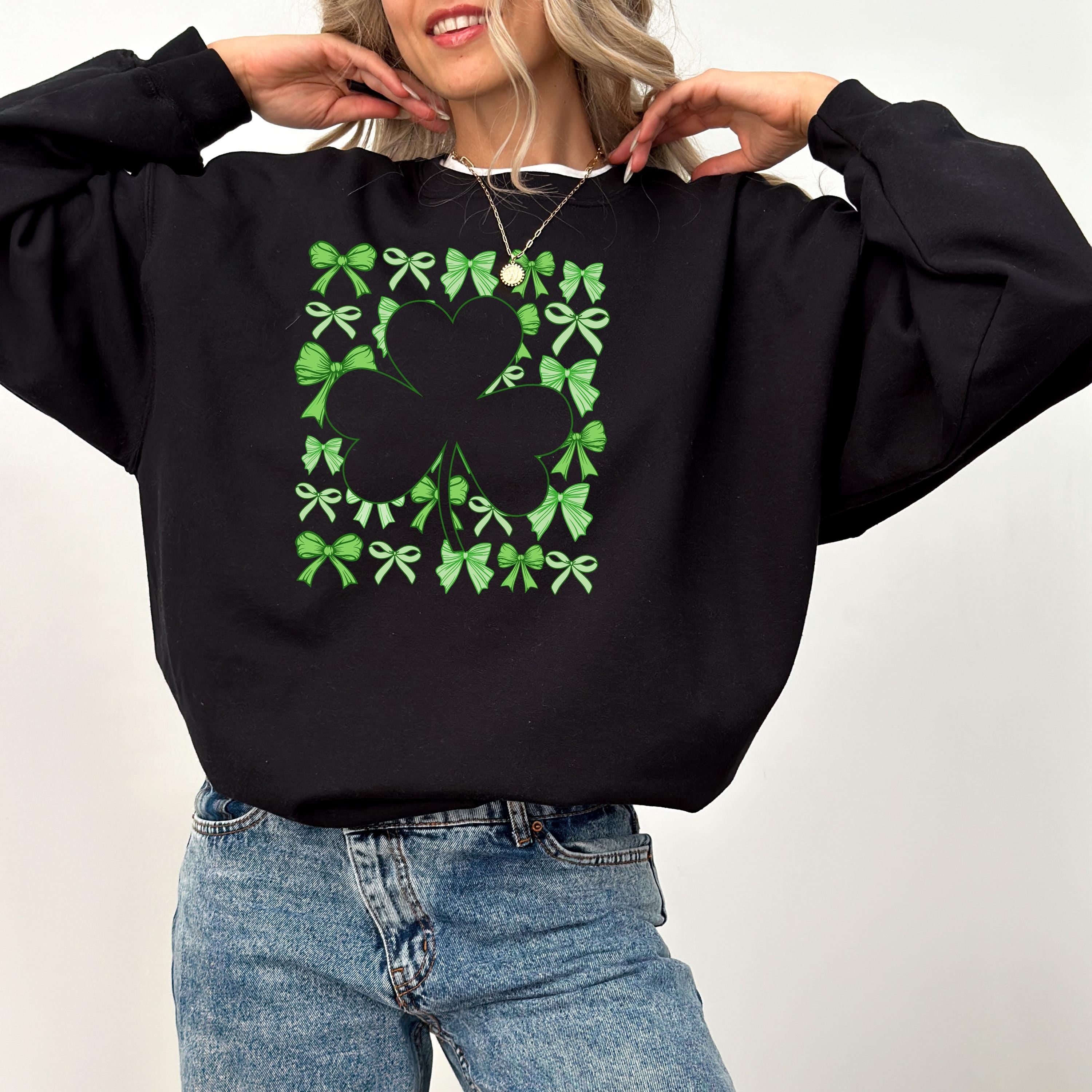 Green Bows Clover Sweatshirt, Lucky Shamrock Sweater, St Patricks Day Crewneck, Clover Pullover, Unisex St Paddy's Sweatshirt, St Pattys T