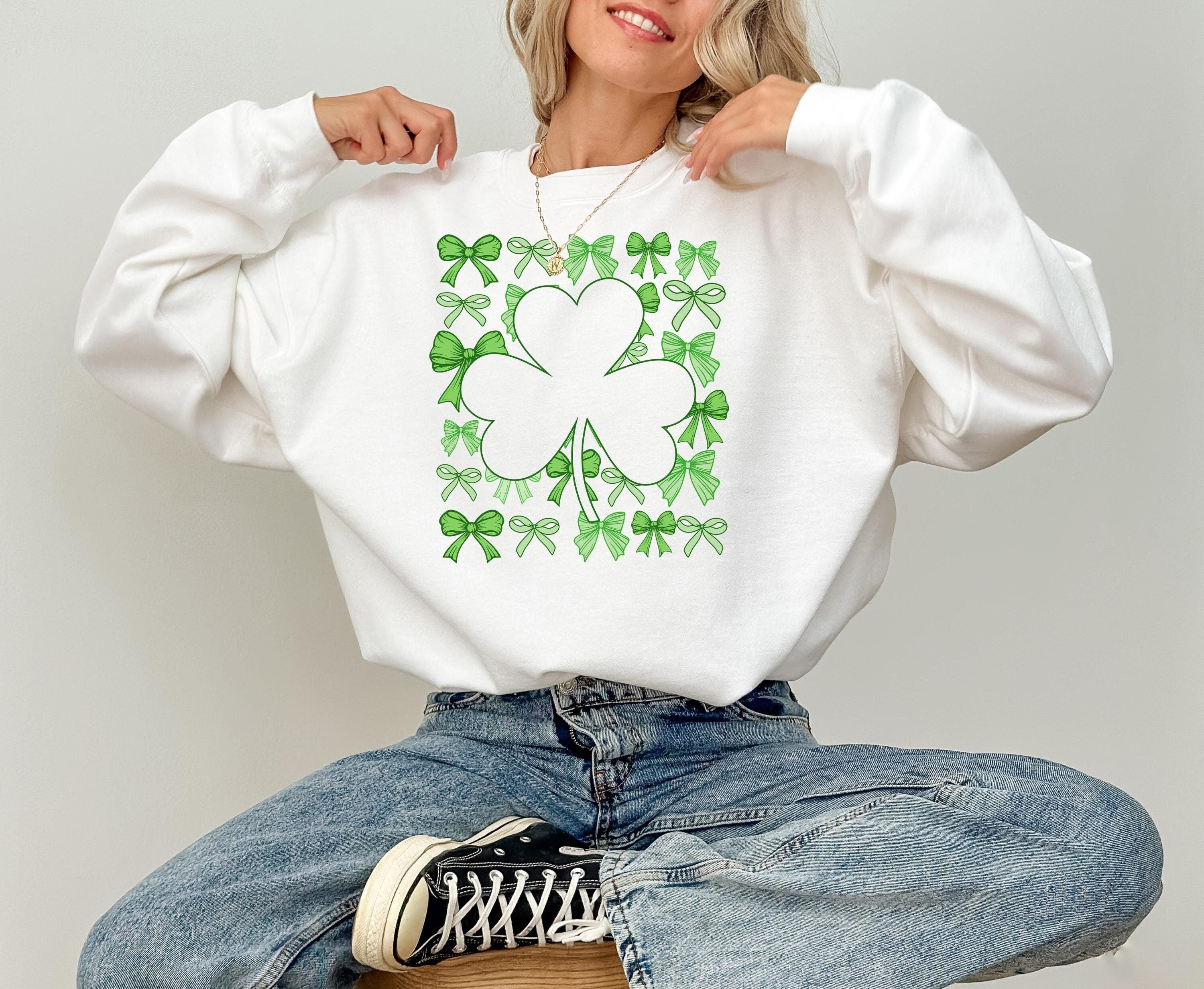 Green Bows Clover Sweatshirt, Lucky Shamrock Sweater, St Patricks Day Crewneck, Clover Pullover, Unisex St Paddy's Sweatshirt, St Pattys T