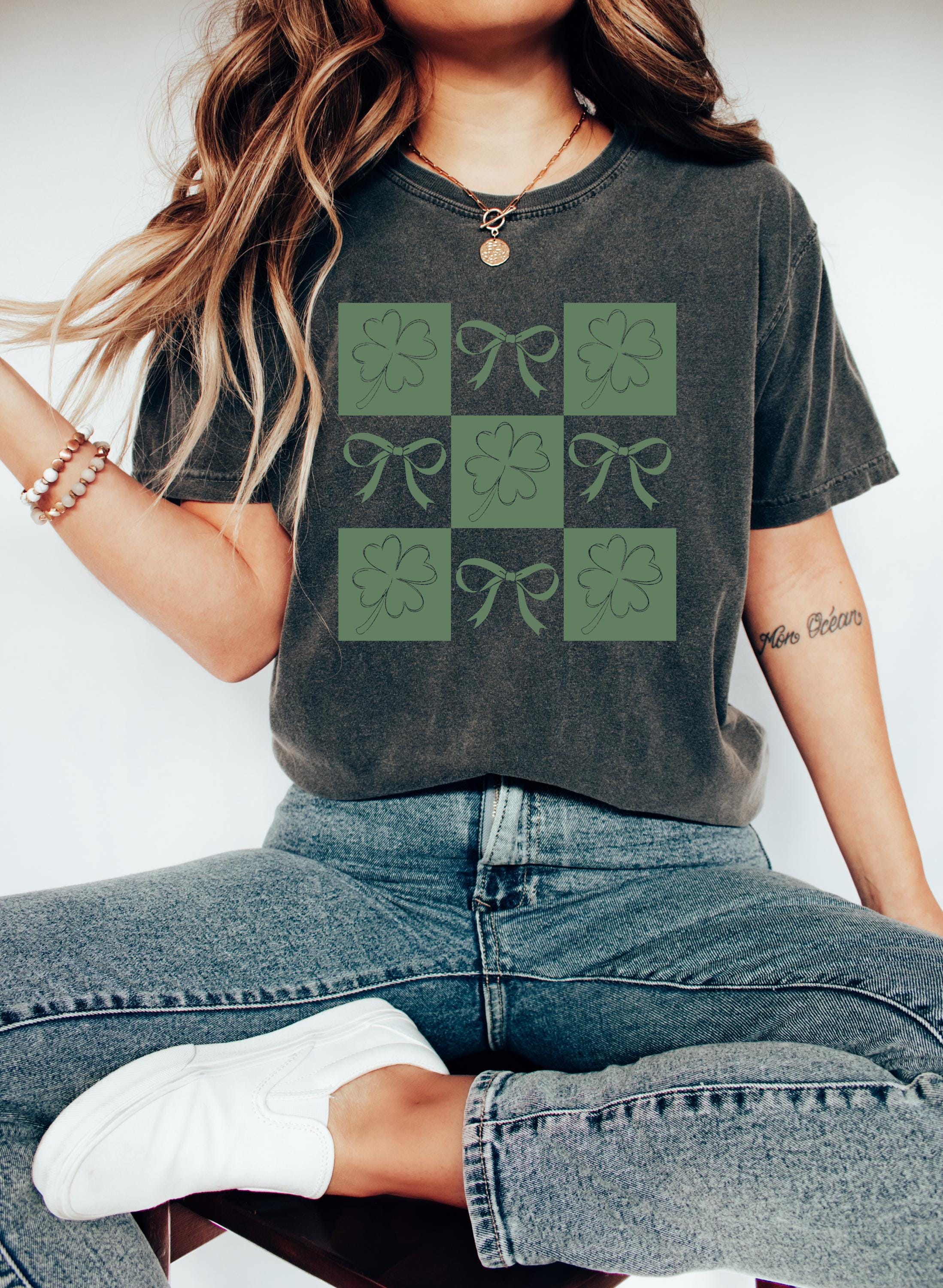 Green Bow Checkered Shamrock St Patty's Day Comfort Colors Shirt, Vintage St Patricks Day Shirt, St Paddy's Day Four Leaf Clover Shirt