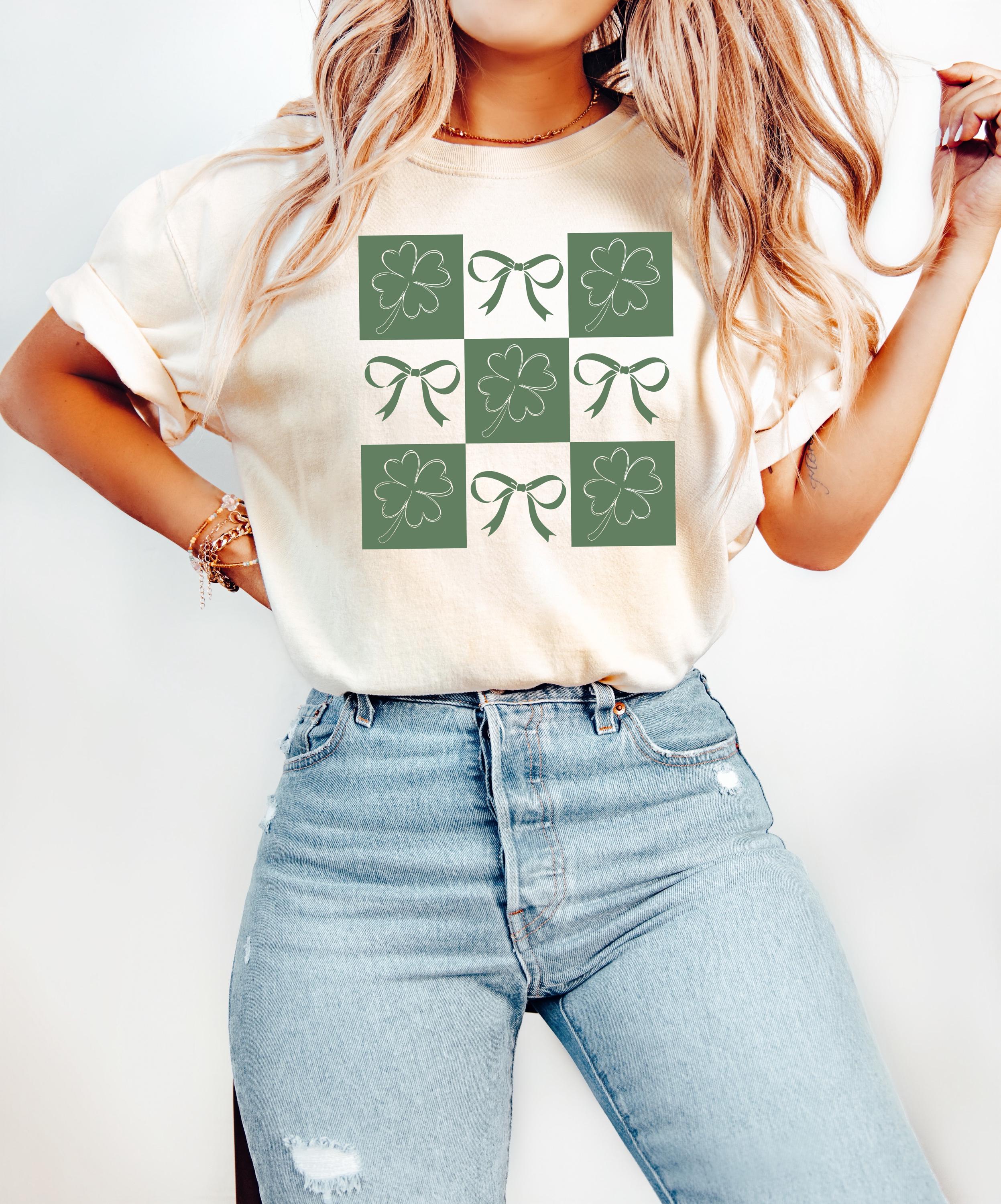 Green Bow Checkered Shamrock St Patty's Day Comfort Colors Shirt, Vintage St Patricks Day Shirt, St Paddy's Day Four Leaf Clover Shirt