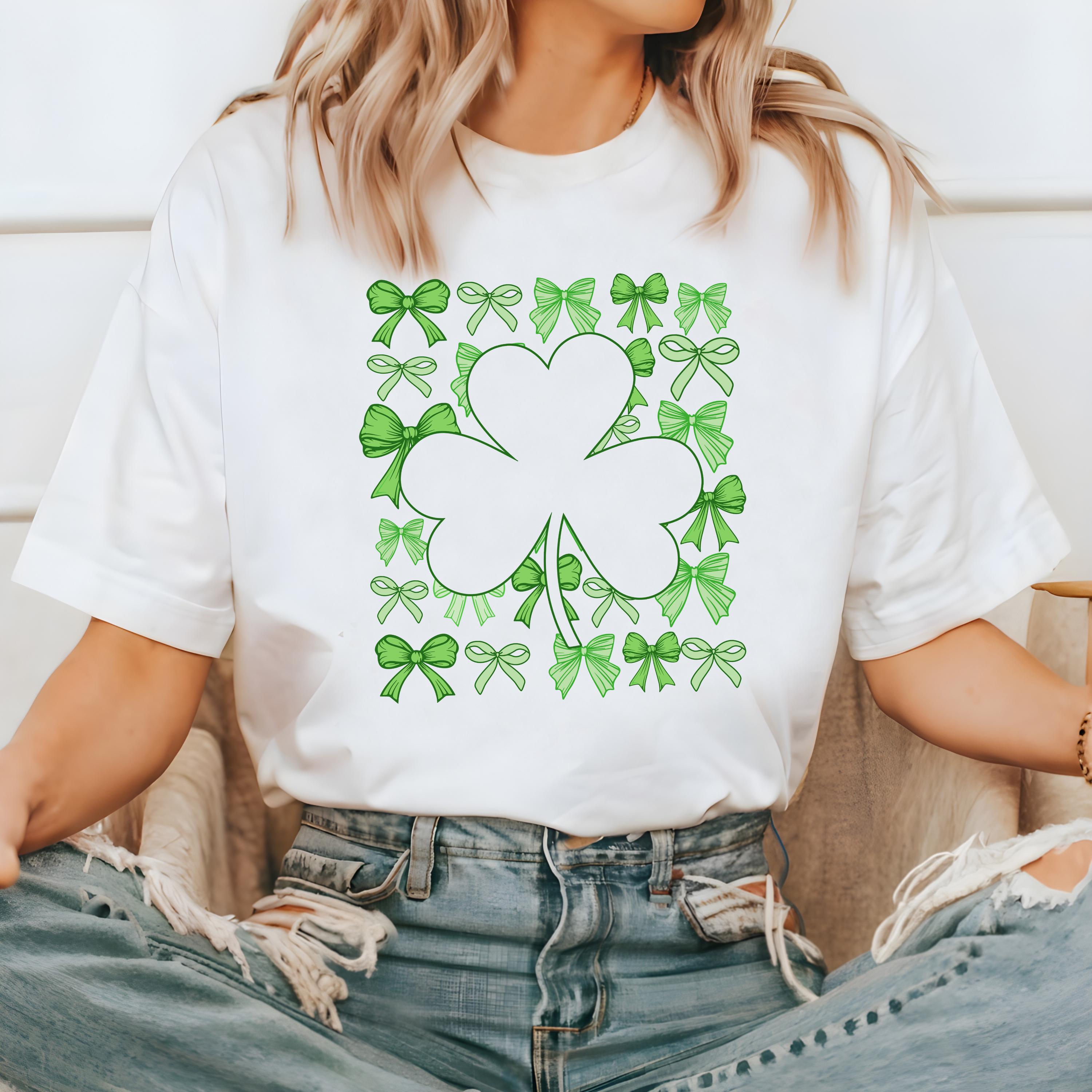 Green Clover and Bows St Patty's Day Comfort Colors Shirt, Cute St Patricks Day TShirt, St Paddy's Day Four Leaf Clover Shirt, Lucky T Shirt