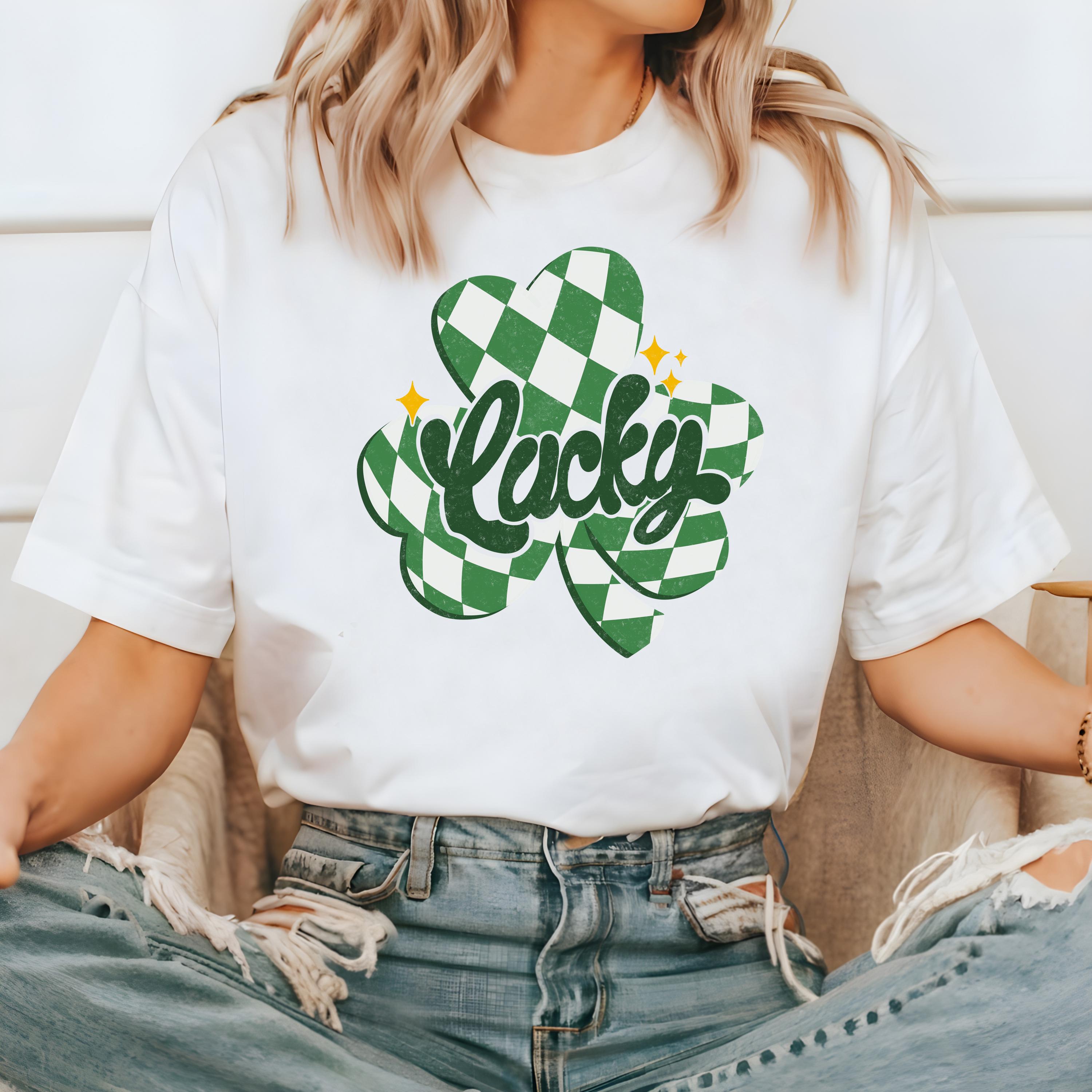 Checkered Clover Lucky St Patty's Day Comfort Colors Shirt, Cute St Patricks Day TShirt, St Paddy's Day Four Leaf Clover Shirt, Green T