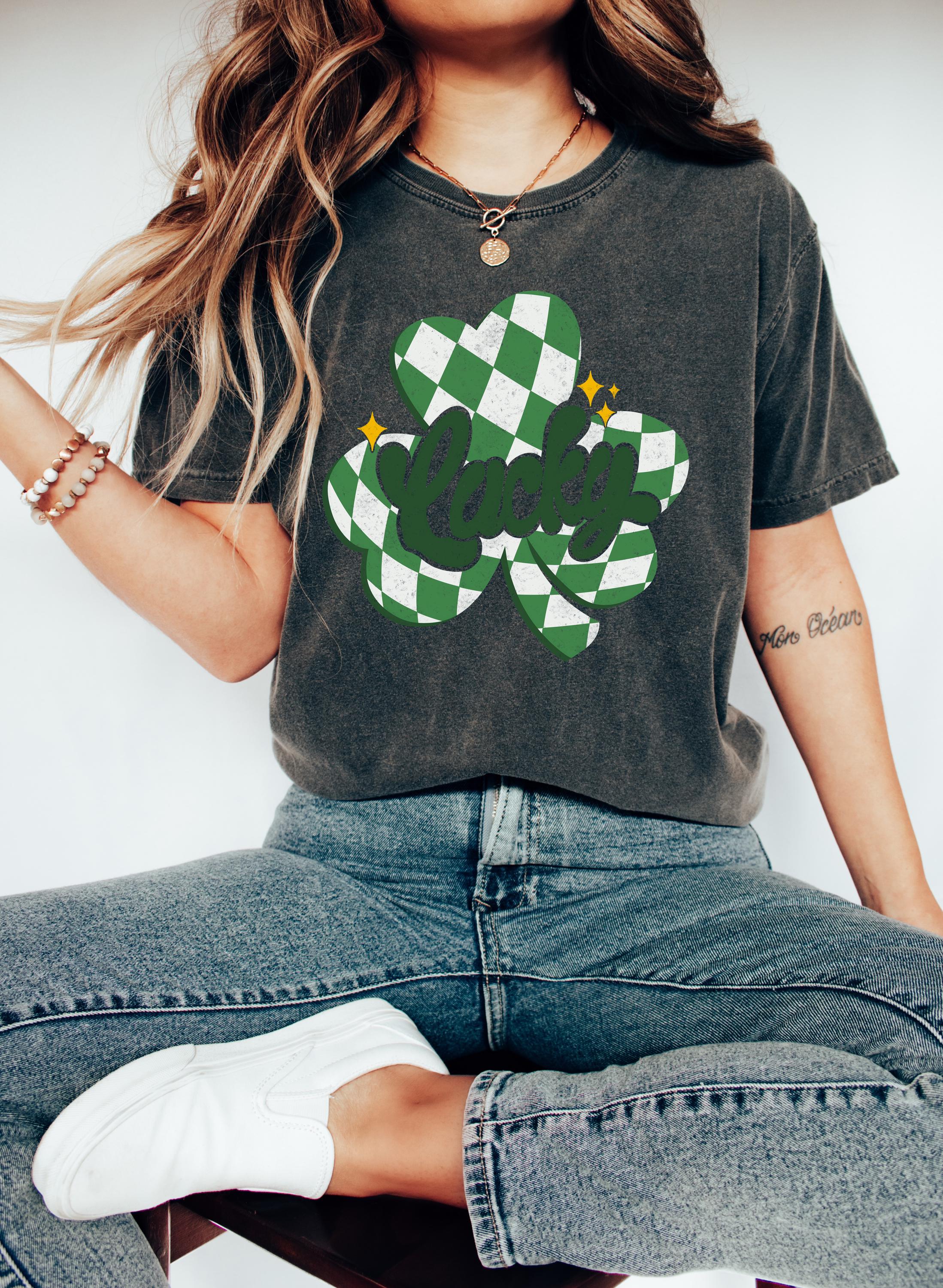 Checkered Clover Lucky St Patty's Day Comfort Colors Shirt, Cute St Patricks Day TShirt, St Paddy's Day Four Leaf Clover Shirt, Green T