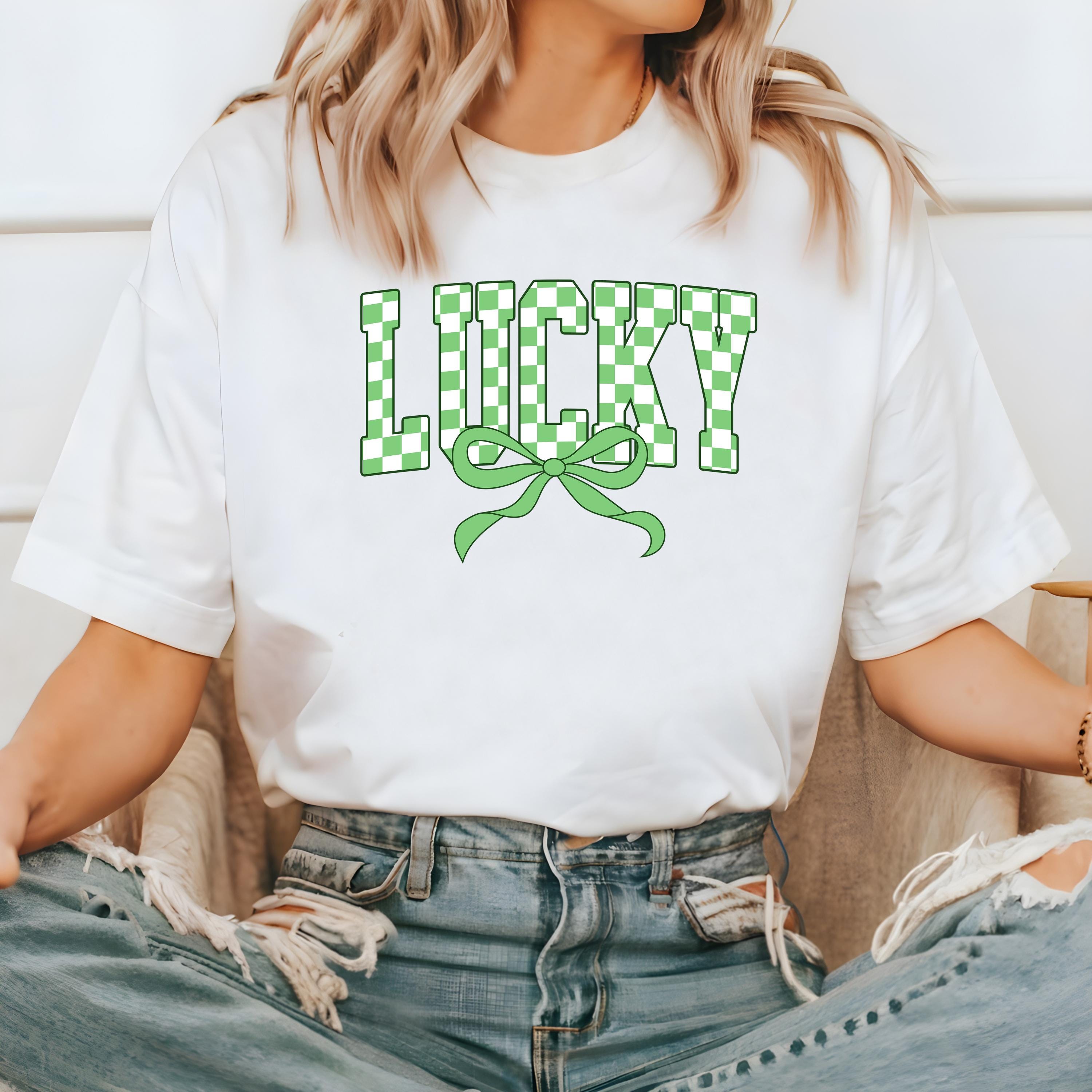 Checkered Lucky St Patty's Day Comfort Colors Shirt, Cute St Patricks Day TShirt, St Paddy's Day Four Leaf Clover Shirt, Green Bow T Shirt