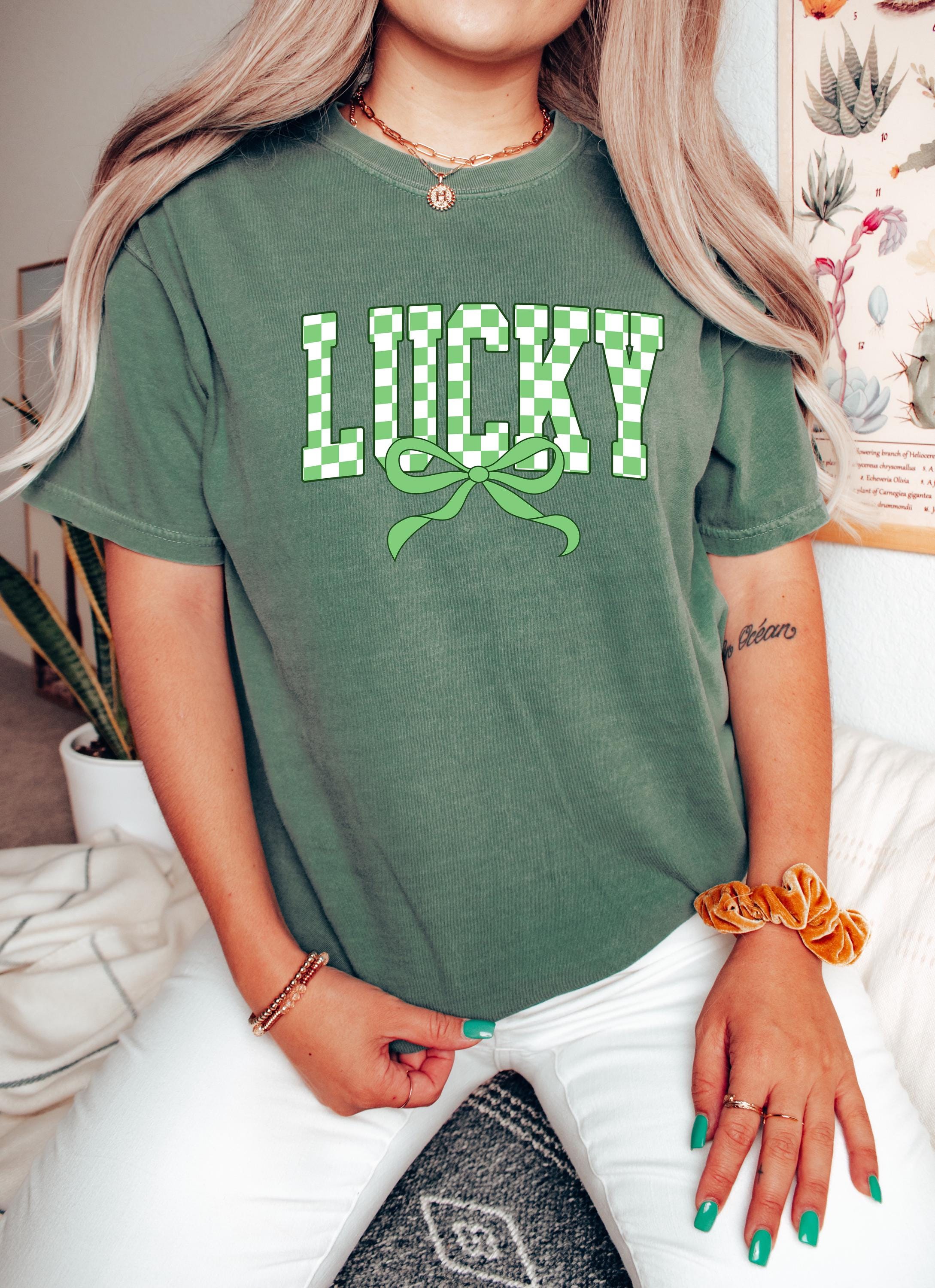 Checkered Lucky St Patty's Day Comfort Colors Shirt, Cute St Patricks Day TShirt, St Paddy's Day Four Leaf Clover Shirt, Green Bow T Shirt