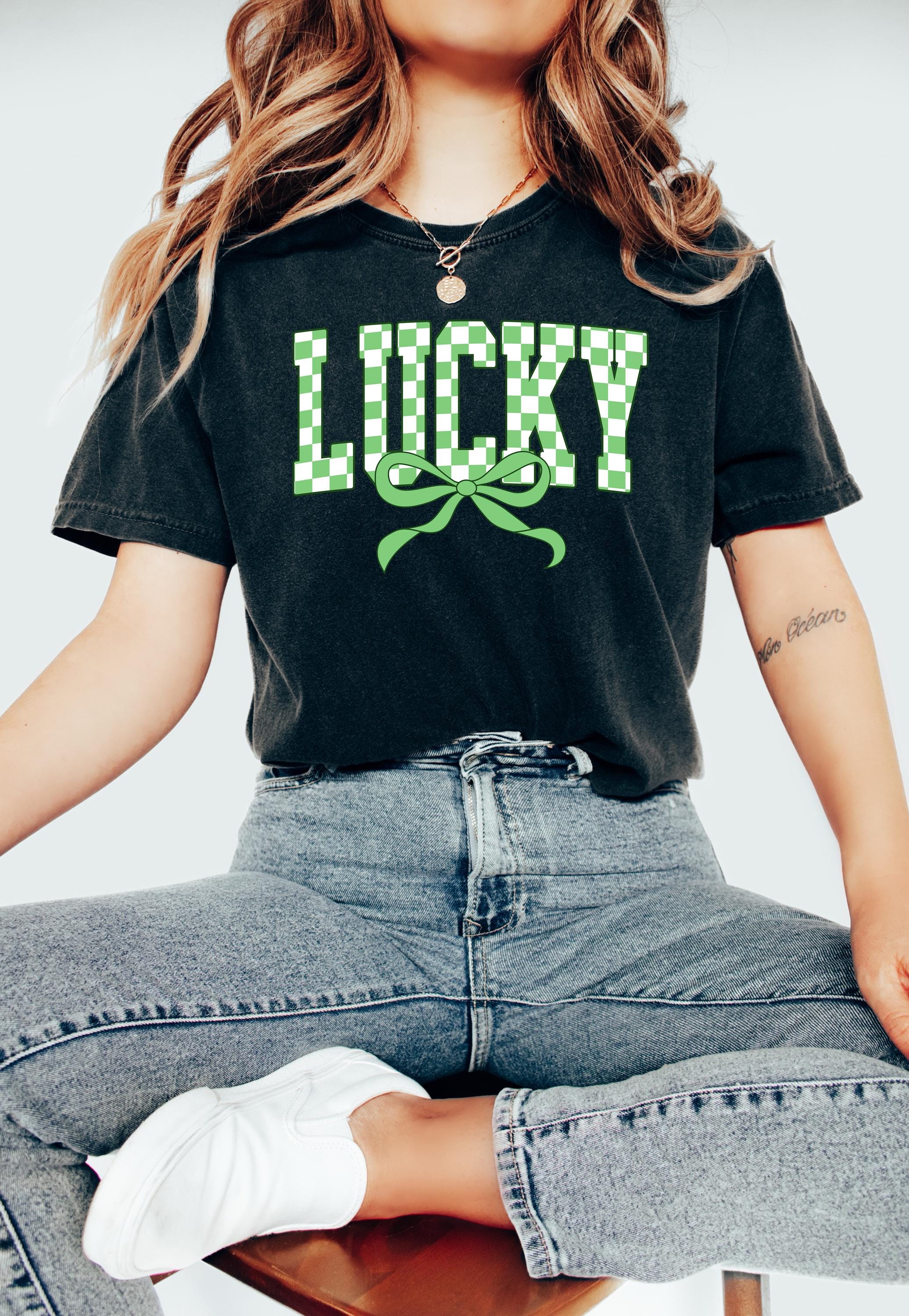 Checkered Lucky St Patty's Day Comfort Colors Shirt, Cute St Patricks Day TShirt, St Paddy's Day Four Leaf Clover Shirt, Green Bow T Shirt