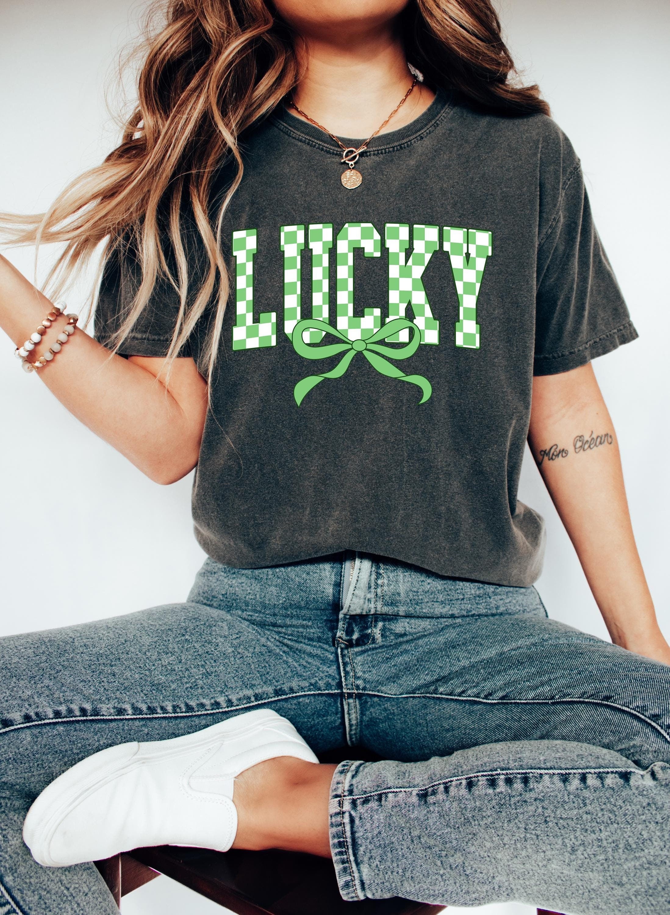 Checkered Lucky St Patty's Day Comfort Colors Shirt, Cute St Patricks Day TShirt, St Paddy's Day Four Leaf Clover Shirt, Green Bow T Shirt