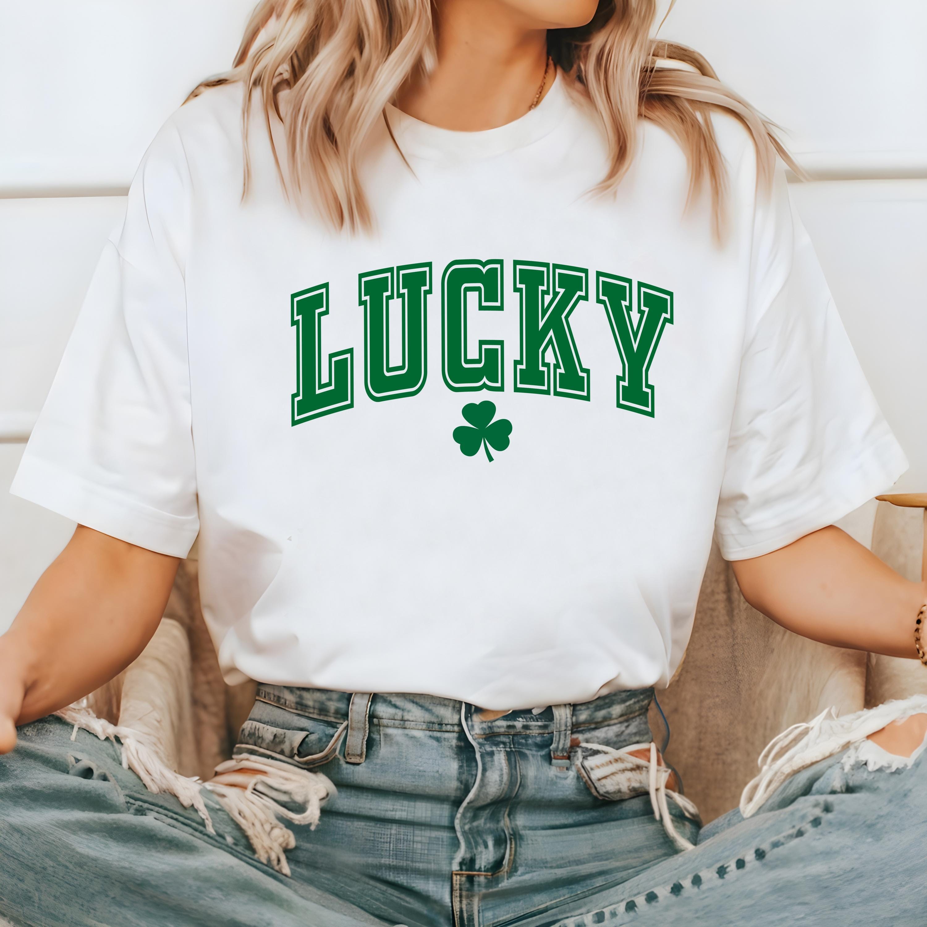 Green Lucky Varsity Letters St Patty's Day Comfort Colors Shirt, Cute St Patricks Day TShirt, St Paddy's Day Four Leaf Clover T Shirt
